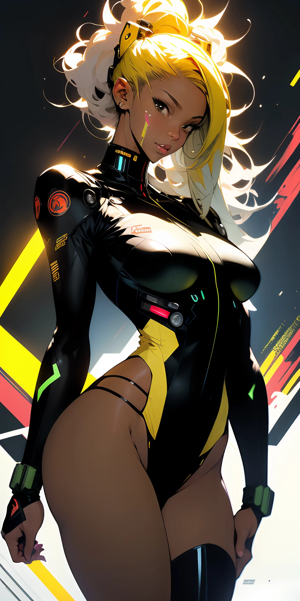 ((Best quality)), ((masterpiece)), (detailed: 1.4), (Absurd), Fighter pilot black woman ready for war, very fleshy mouth, defined muscular sculptural body, half thick ????? thighs, closed mouth, very tanned and shiny skin, ???????????????, muscular body covered by technological clothing, Neon Genesis Evangelion style, cyberpunk, generous neckline, ((perfect ?????????????)), (brown eyes without pupils),  ((black, dark green and yellow clothing)), (((clothing based on the South African flag)))), (((afro hair))), ((splashes of paint on the arms)), long eyelashes, short ?????????, garter belt, skin glove and leopard claws, by mucha, niji --V5, close to real, psychopathic, crazy face, ???? pose, background with a giant Gundam-style robot head,  2 piece clothing, shoulder pads, airplane wings on the back, pastel, centered, scale to fit dimensions, HDR (High Dynamic Range),Ray Tracing,NVIDIA RTX,Super-Resolution,Unreal 5,Subsurface dispersion, PBR texture, Post-processing, Anisotropic filtering, Depth of field, Maximum clarity and sharpness, Multilayer textures, Albedo and specular maps, Surface shading, Accurate simulation of light-material interaction, Perfect proportions,  Octane Render, Two-tone lighting, Wide aperture, Low ISO, White balance, Rule of thirds, 8K RAW, crysisnanosuit