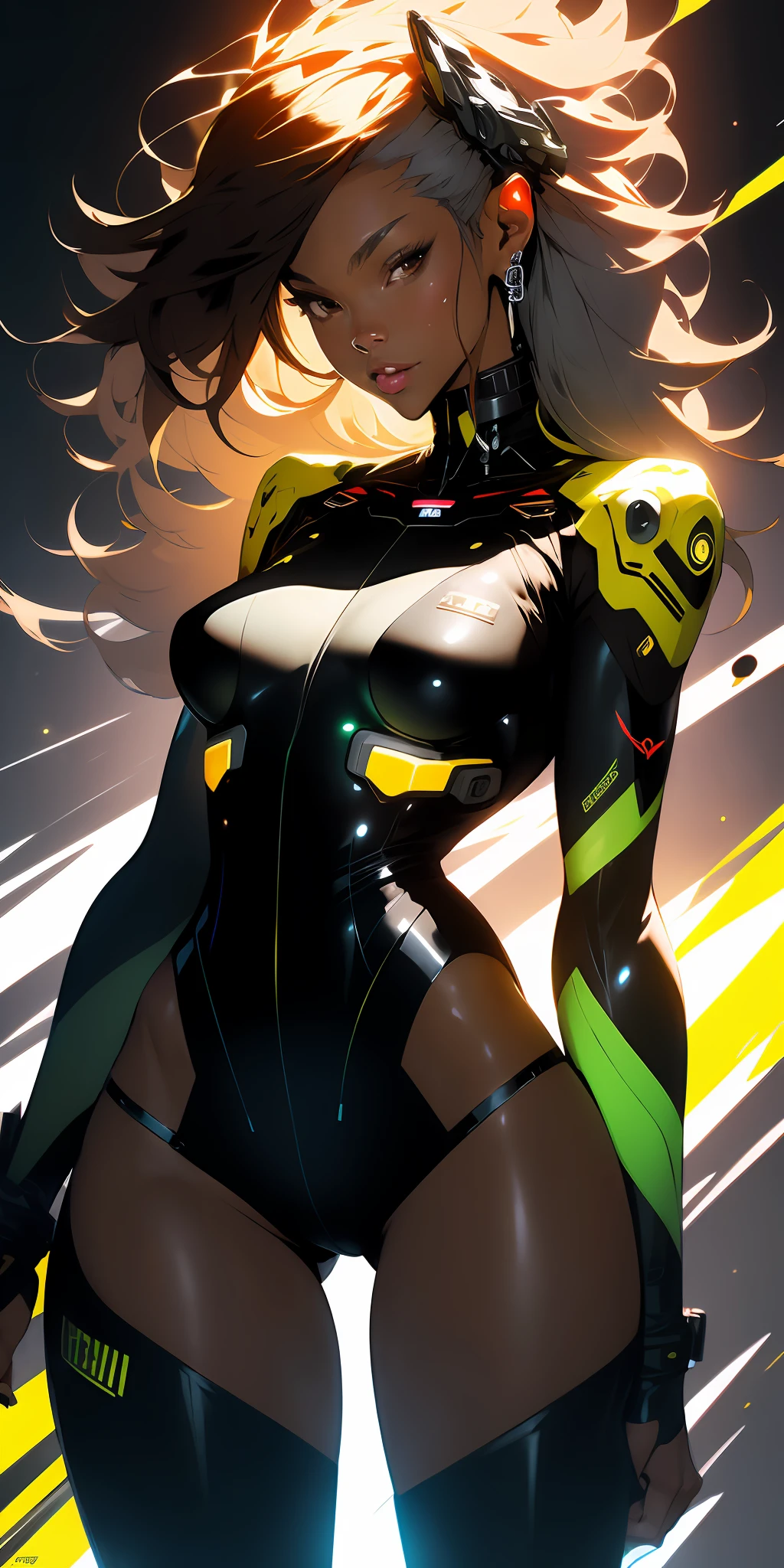 ((Best quality)), ((masterpiece)), (detailed: 1.4), (Absurd), Fighter pilot black woman ready for war, very fleshy mouth, defined muscular sculptural body, half thick naked thighs, closed mouth, very tanned and shiny skin, only in panties, muscular body covered by technological clothing, Neon Genesis Evangelion style, cyberpunk, generous neckline, ((perfect large breasts)), (brown eyes without pupils),  ((black, dark green and yellow clothing)), (((clothing based on the South African flag)))), (((afro hair))), ((splashes of paint on the arms)), long eyelashes, short underwear, garter belt, skin glove and leopard claws, by mucha, niji --V5, close to real, psychopathic, crazy face, sexy pose, background with a giant Gundam-style robot head,  2 piece clothing, shoulder pads, airplane wings on the back, pastel, centered, scale to fit dimensions, HDR (High Dynamic Range),Ray Tracing,NVIDIA RTX,Super-Resolution,Unreal 5,Subsurface dispersion, PBR texture, Post-processing, Anisotropic filtering, Depth of field, Maximum clarity and sharpness, Multilayer textures, Albedo and specular maps, Surface shading, Accurate simulation of light-material interaction, Perfect proportions,  Octane Render, Two-tone lighting, Wide aperture, Low ISO, White balance, Rule of thirds, 8K RAW, crysisnanosuit