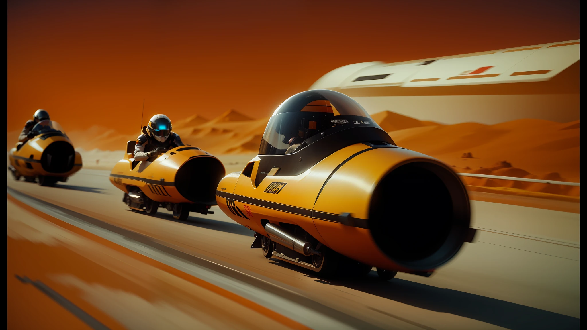 three people in helmets are riding on a track in a race, film still from movie dune-2021, renderman render, concept boat, by Alexander Robertson, speedy aircraft, floating vehicles, cinemascope panorama, speed racer, by Wojciech Siudmak, by Thomas Häfner, transportation design render --ar 16:9 --auto --s2