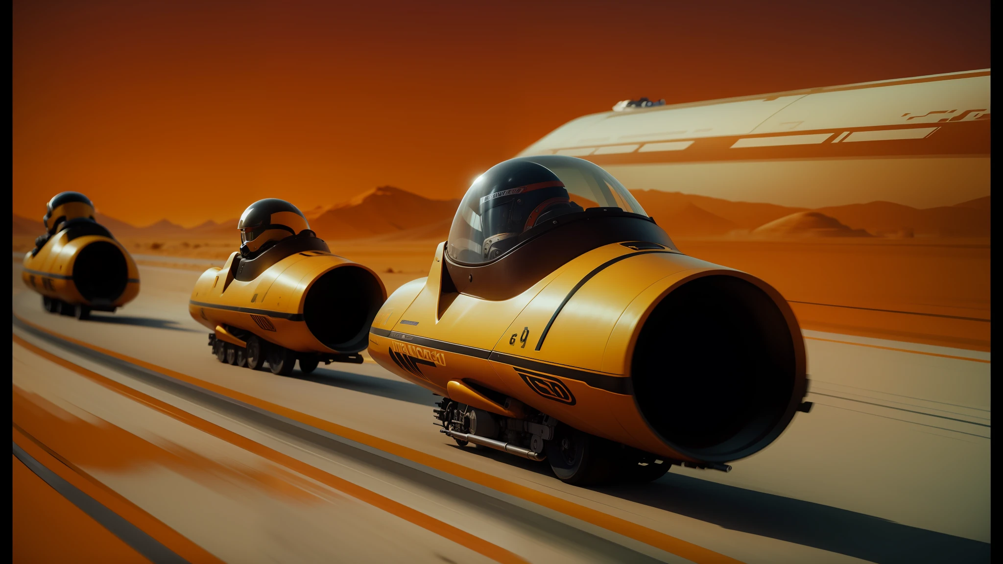 three people in helmets are riding on a track in a race, film still from movie dune-2021, renderman render, concept boat, by Alexander Robertson, speedy aircraft, floating vehicles, cinemascope panorama, speed racer, by Wojciech Siudmak, by Thomas Häfner, transportation design render --ar 16:9 --auto --s2