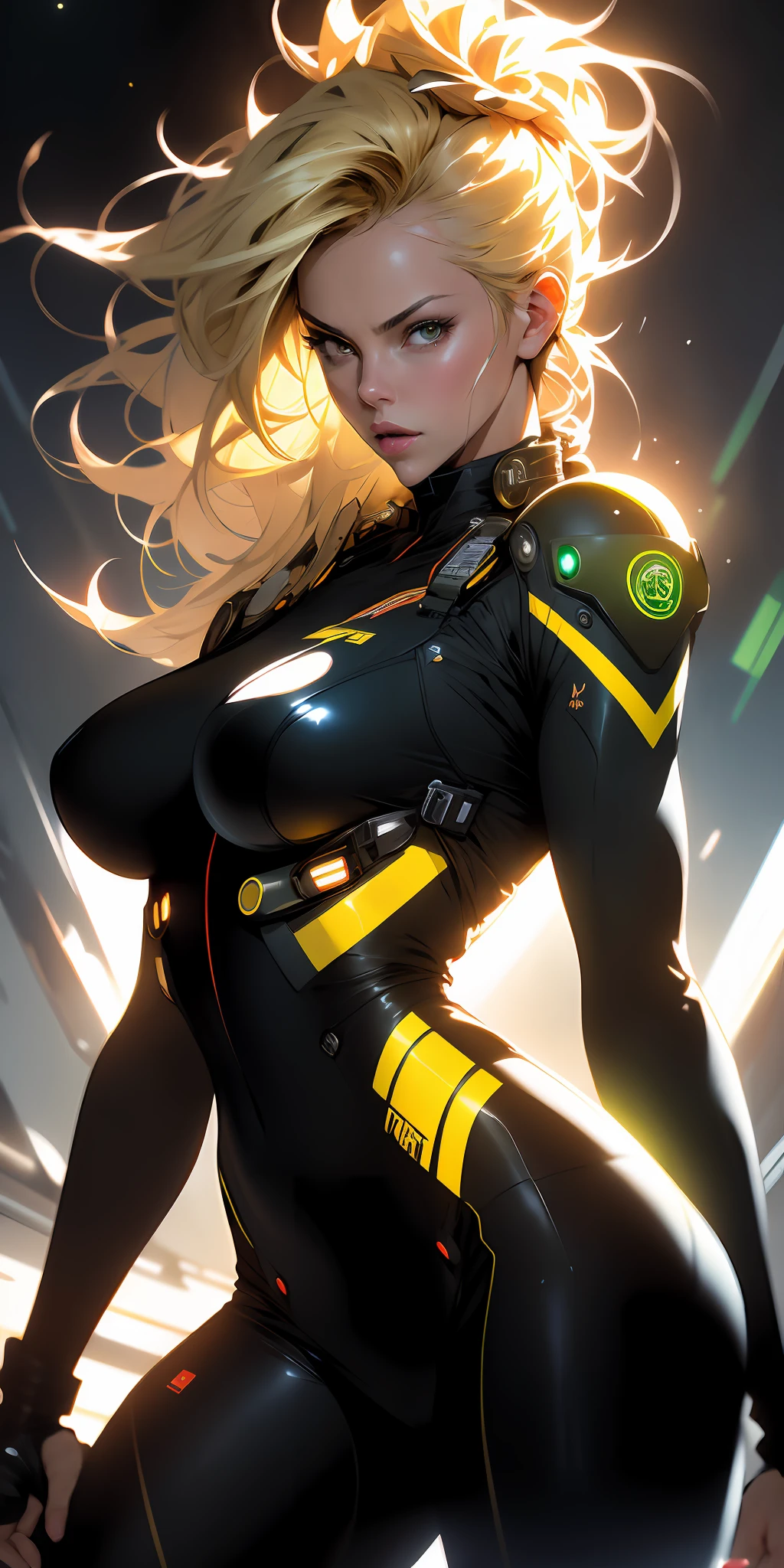 ((Best quality)), ((masterpiece)), (detailed: 1.4), (Absurd), Female fighter pilot (Charlize Theron), ready for war, muscular sculptural body defined, half-thick bare thighs, mouth closed, very tanned and shiny skin, only in panties, muscular body covered by technological clothing, Neon Genesis Evangelion style, cyberpunk, generous neckline, ((perfect large breasts)), (brown eyes without pupils), ((black clothing, dark green and yellow)), (((clothing based on the South African flag)))), ((((blonde Rastafarian hair)))), ((splashes of paint on clothing)), long eyelashes, short underwear, garter belt, skin glove and leopard claws, by mucha, niji --V5, close to real, psychopathic, crazy face, sexy pose, background with a giant Gundam-style robot head, 2 piece clothing, shoulder pads, airplane wings on the back, pastel, centered, scale to fit dimensions, HDR (High Dynamic Range),Ray Tracing,NVIDIA RTX,Super-Resolution,Unreal 5,Subsurface dispersion, PBR texture, Post-processing, Anisotropic filtering, Depth of field, Maximum clarity and sharpness, Multilayer textures, Albedo and specular maps, Surface shading, Accurate simulation of light-material interaction, Perfect proportions, Octane Render, Two-tone lighting, Wide aperture, Low ISO, White balance, Rule of thirds, 8K RAW, crysisnanosuit