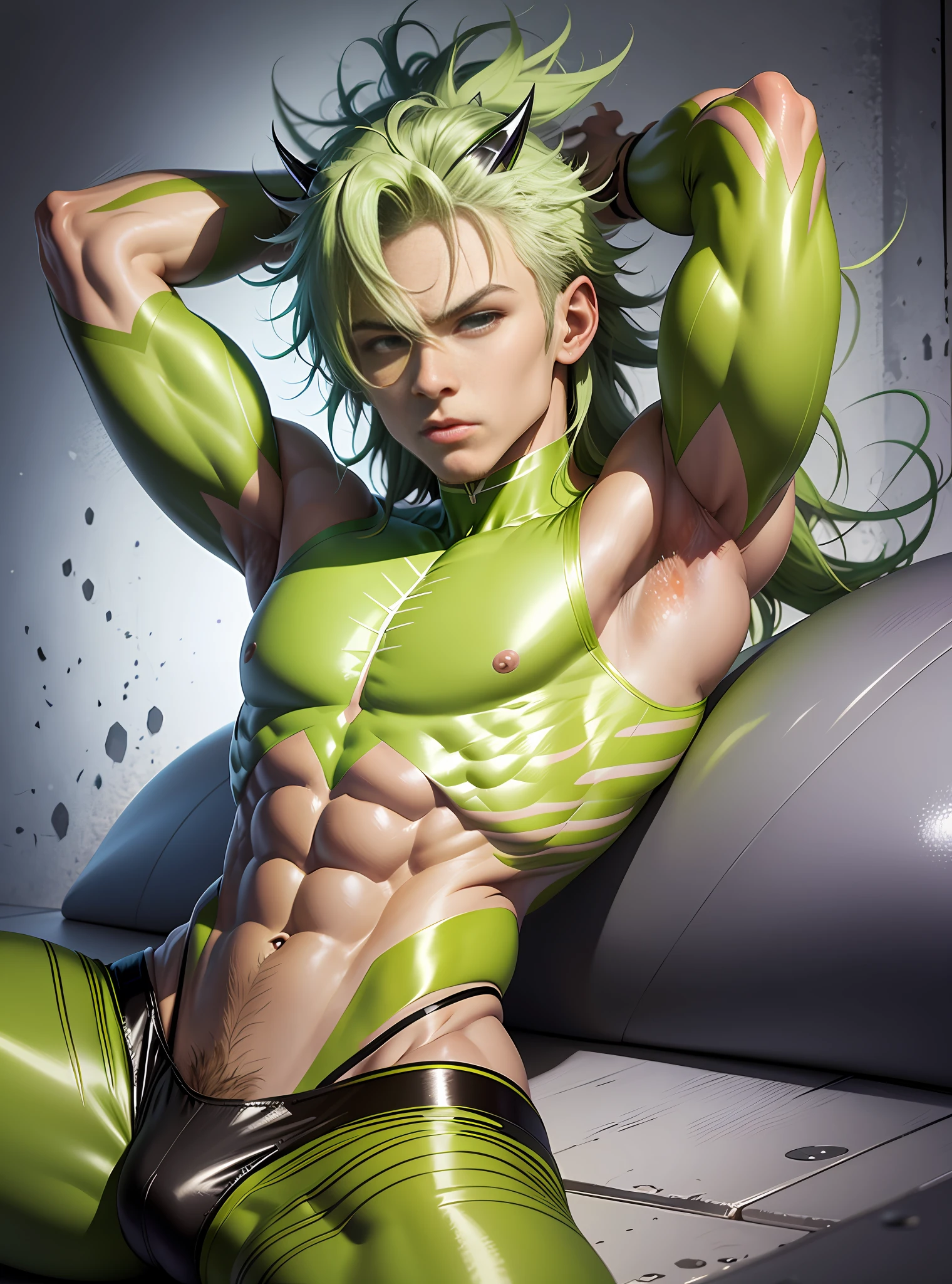 hyper-realistic digital illustration), hires, best quality, boy wearing micro thong, see-through thong , front view, lying on his back, legs raised, legs spread, athletic body, (shinny white skin skin), flat chest, (green hair styled in spikes), determined expression, small waist, big mane, slim scruffy, muscular,