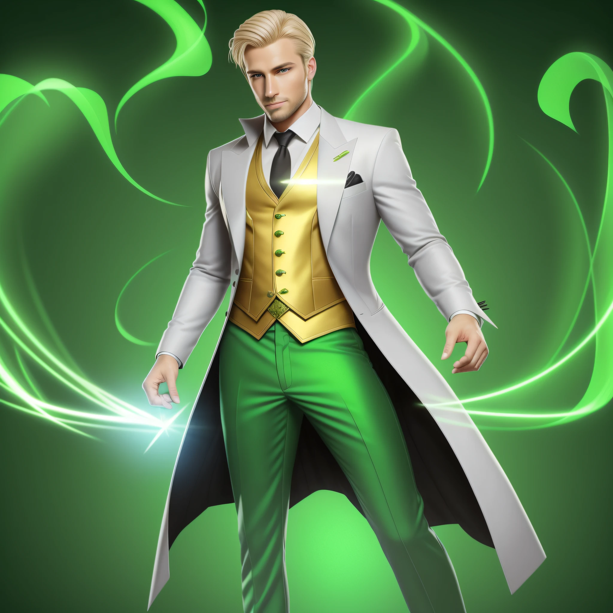 magician, high quality, handsome man, single man, green aura around, very handsome man, blonde hair, green eyes, realistic, 8k, high resolution, full body, clear graphics, detailed skin drawing, standing upright, very handsome single man in his thirties, photo portrait, just like a real man, more detailed, perfect facial features, drawing hands