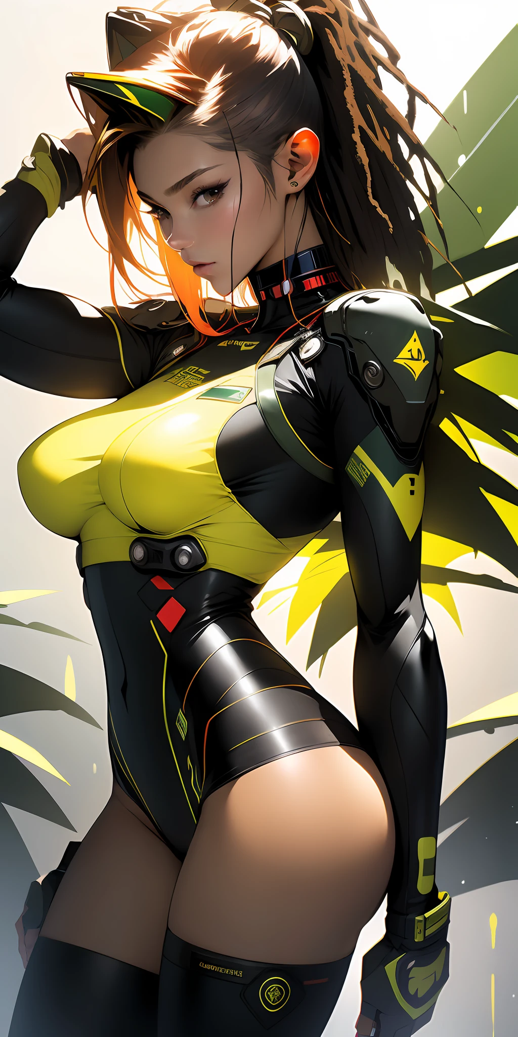 ((Best quality)), ((masterpiece)), (detailed: 1.4), (Absurd), Fighter pilot brunette woman, ready for war, muscular sculptural body defined, half-thick bare thighs, closed mouth, very tanned and shiny skin, only in panties, muscular body covered by technological clothing, Neon Genesis Evangelion style, cyberpunk, generous neckline, ((perfect large breasts)), (brown eyes without pupils), ((black, dark green and yellow clothing)), (((clothing based on South Africa flag)))), (((colorful Rastafarian hair))), ((splashes of paint on clothing)), long eyelashes, short underwear, garter belt, skin glove and leopard claws, by mucha, niji --V5, close to real, psychopathic, crazy face, sexy pose, background with a giant Gundam-style Robot head, 2 piece outfit, shoulder pads, airplane wings on the back, pastel, centered, scale to fit dimensions, HDR (High Dynamic Range),Ray Tracing,NVIDIA RTX,Super-Resolution,Unreal 5,Subsurface dispersion, PBR texture, Post-processing, Anisotropic filtering, Depth of field, Maximum clarity and sharpness, Multilayer textures, Albedo and specular maps, Surface shading, Accurate simulation of light-material interaction, Perfect proportions, Octane Render, Two-tone lighting, Wide aperture, Low ISO, White balance, Rule of thirds, 8K RAW, crysisnanosuit
