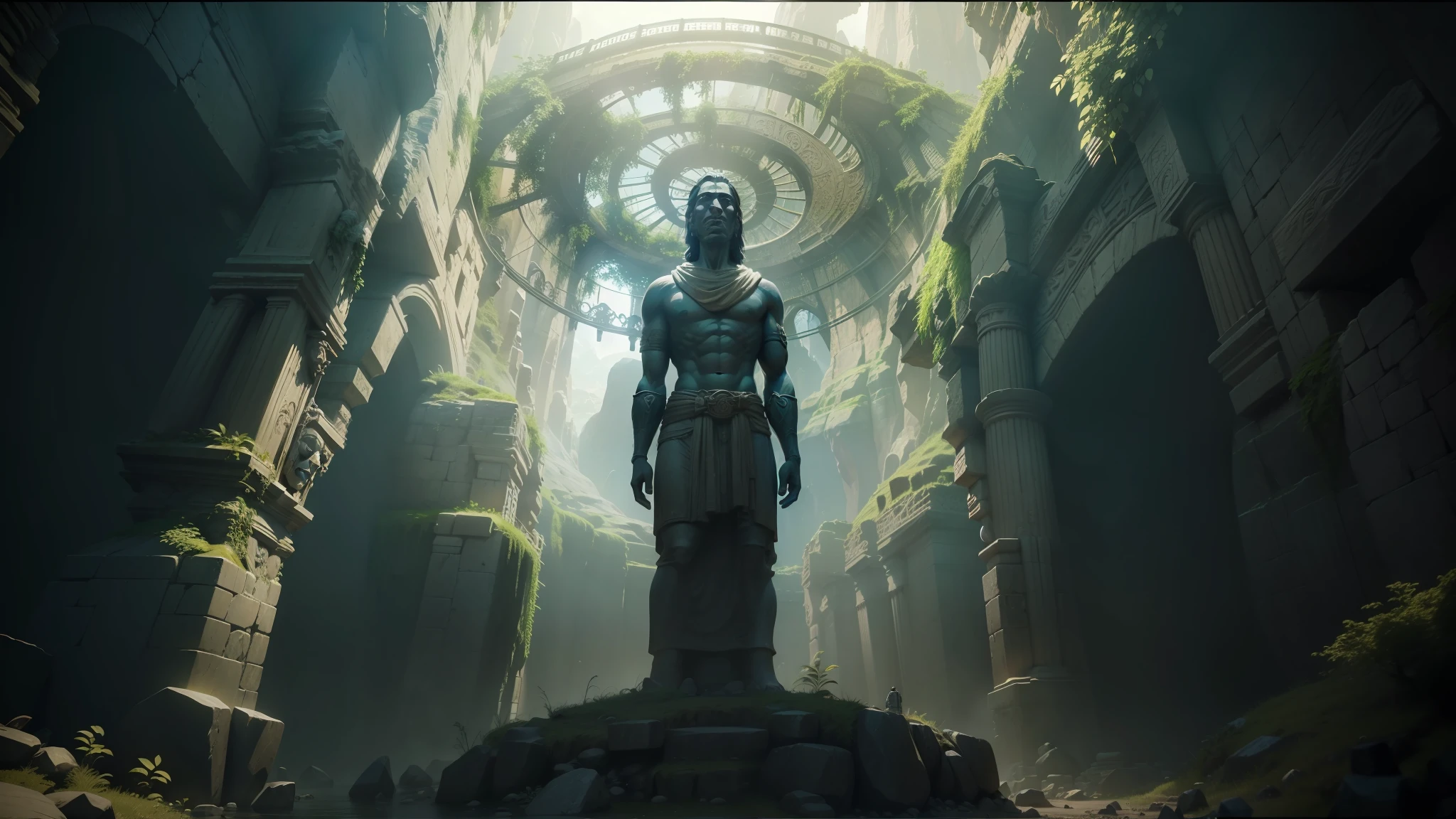 there is a large stone statue of a man in a cave, stone eyes, cinematics, inca style, cgsociety 4k”, giant majestic arches, 3 dmax, giant golden head statue ruins, still from film, the witness, monuments, game screen shot, tombs --auto --s2