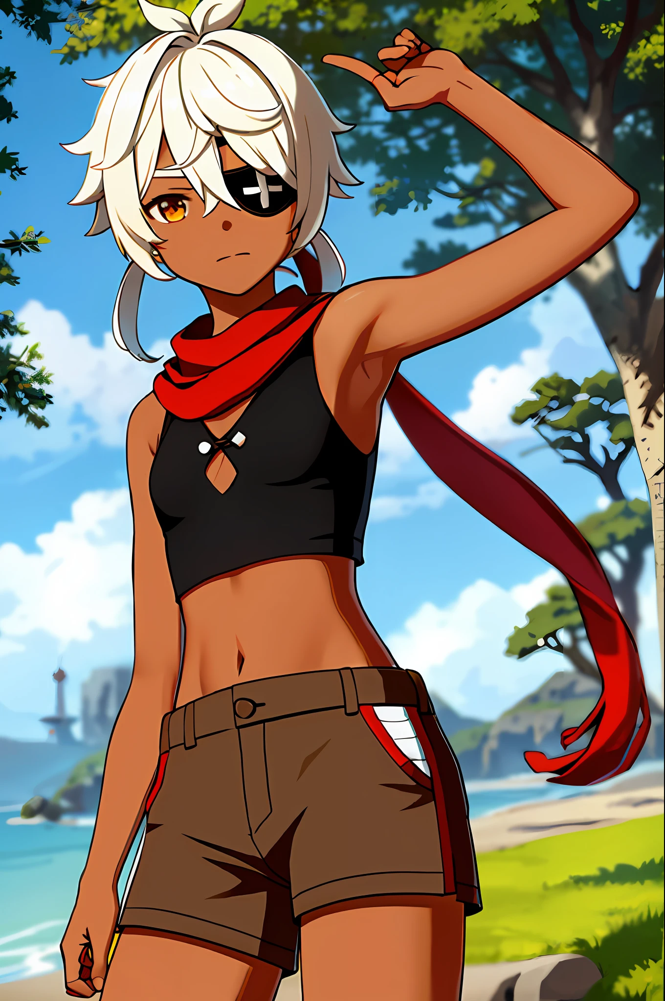 masterpiece, best quality, 1girl, solo, upper body, genshin impact, 1girl, dark skin, dark skin, darker skin, dark skin, dark skin, black skin, brown skin, branch, breasts, green leaves, forest, closed mouth, cowboy shot, white hair, yellow eyes, low pigtails, short pigtails, looking at viewer, small breasts, black crop top, baggy top, loose shirt, baggy shirt, loose crop top, red scarf, sleeveless, outdoors, khaki shorts, light brown shorts, khaki cargo shorts, high-waisted shorts, long scarf, red scarf, left eyepatch, left eyepatch, white bandages, bandaged hands, arm bandages, short sidelocks, determined, solo, dynamic pose,  genshin,