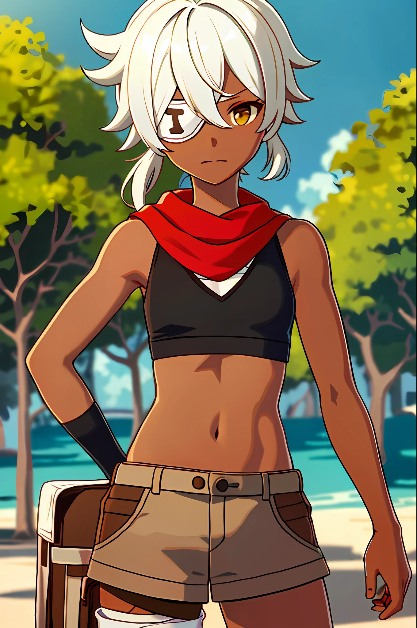 masterpiece, best quality, 1girl, solo, upper body, genshin impact, 1girl, dark skin, dark skin, darker skin, dark skin, dark skin, black skin, brown skin, branch, breasts, green leaves, forest, closed mouth, cowboy shot, white hair, yellow eyes, low pigtails, short pigtails, looking at viewer, small breasts, black crop top, baggy top, loose shirt, baggy shirt, loose crop top, red scarf, sleeveless, outdoors, khaki shorts, light brown shorts, khaki cargo shorts, high-waisted shorts, long scarf, red scarf, left eyepatch, left eyepatch, white bandages, bandaged hands, arm bandages, short sidelocks, determined, solo, dynamic pose, genshin,