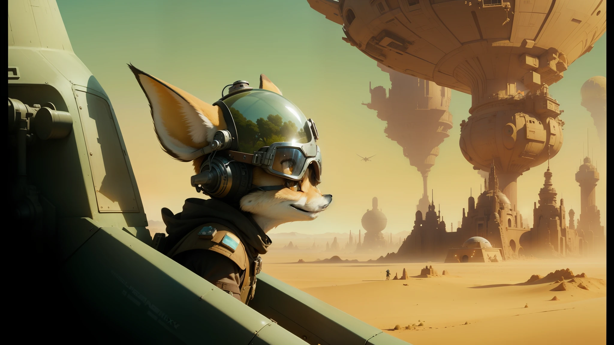 there is a picture of a man in a helmet and goggles looking out of a window, in the croods movie style, desert planet, stardestroyer in the background, fennec fox, nvidia promotional image, jean - baptiste monge, is evil gremlin, flying machines, die antwoord, very beautiful matte painting, psytrance, smile like a sphinx --ar 16:9 --auto --s2