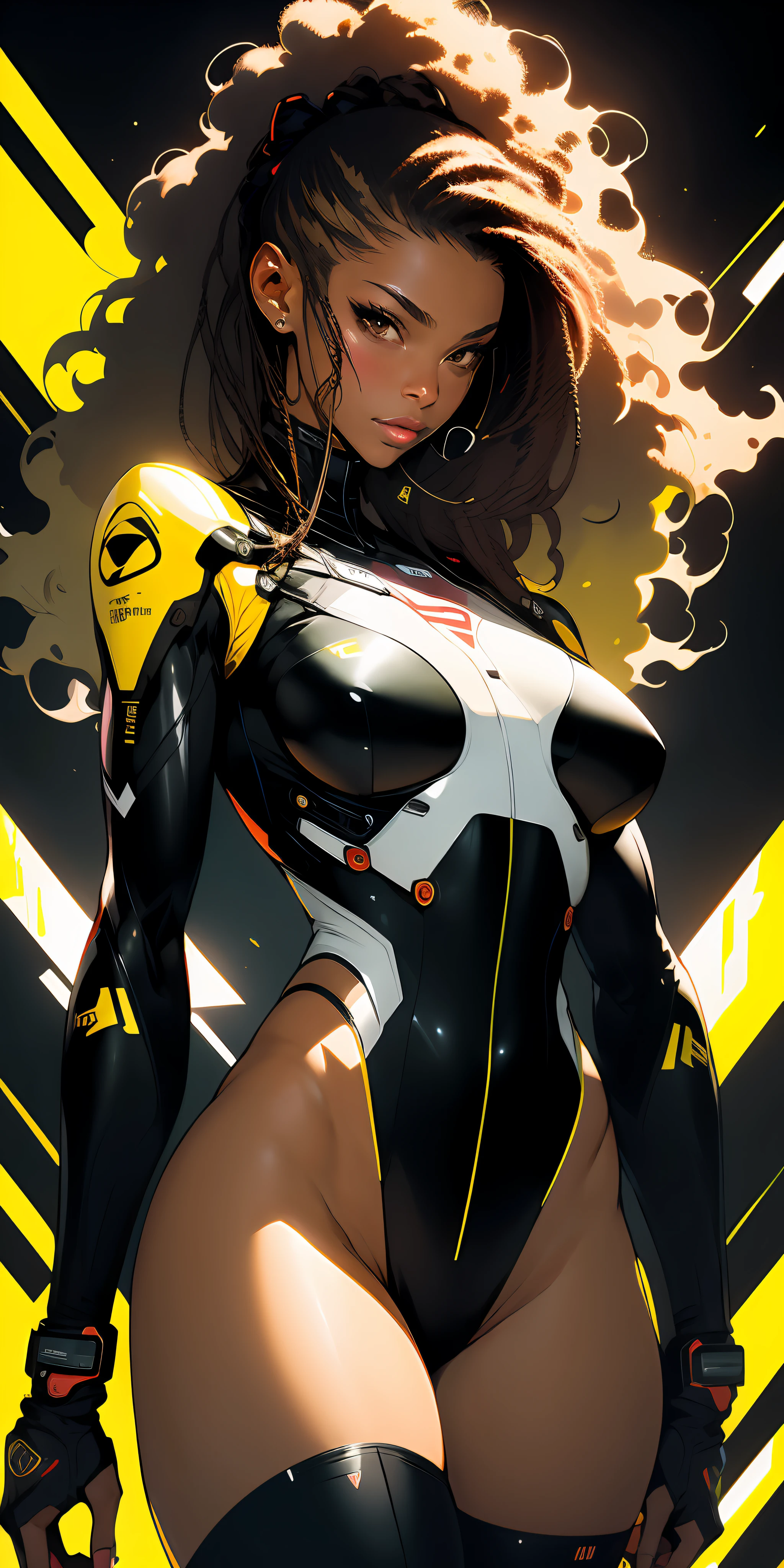 ((Best quality)), ((masterpiece)), (detailed: 1.4), (Absurd), Fighter pilot black woman ready for war, very fleshy mouth, defined muscular sculptural body, half thick naked thighs, closed mouth, very tanned and shiny skin, only in panties, muscular body covered by technological clothing, Neon Genesis Evangelion style, cyberpunk, generous neckline, ((perfect large breasts)), (brown eyes without pupils),  ((black, dark green and yellow clothing)), (((clothing based on the South African flag)))), (((afro hair))), ((splashes of paint on the arms)), long eyelashes, short underwear, garter belt, skin glove and leopard claws, by mucha, niji --V5, close to real, psychopathic, crazy face, sexy pose, background with a giant Gundam-style robot head,  2 piece clothing, shoulder pads, airplane wings on the back, pastel, centered, scale to fit dimensions, HDR (High Dynamic Range),Ray Tracing,NVIDIA RTX,Super-Resolution,Unreal 5,Subsurface dispersion, PBR texture, Post-processing, Anisotropic filtering, Depth of field, Maximum clarity and sharpness, Multilayer textures, Albedo and specular maps, Surface shading, Accurate simulation of light-material interaction, Perfect proportions,  Octane Render, Two-tone lighting, Wide aperture, Low ISO, White balance, Rule of thirds, 8K RAW, crysisnanosuit