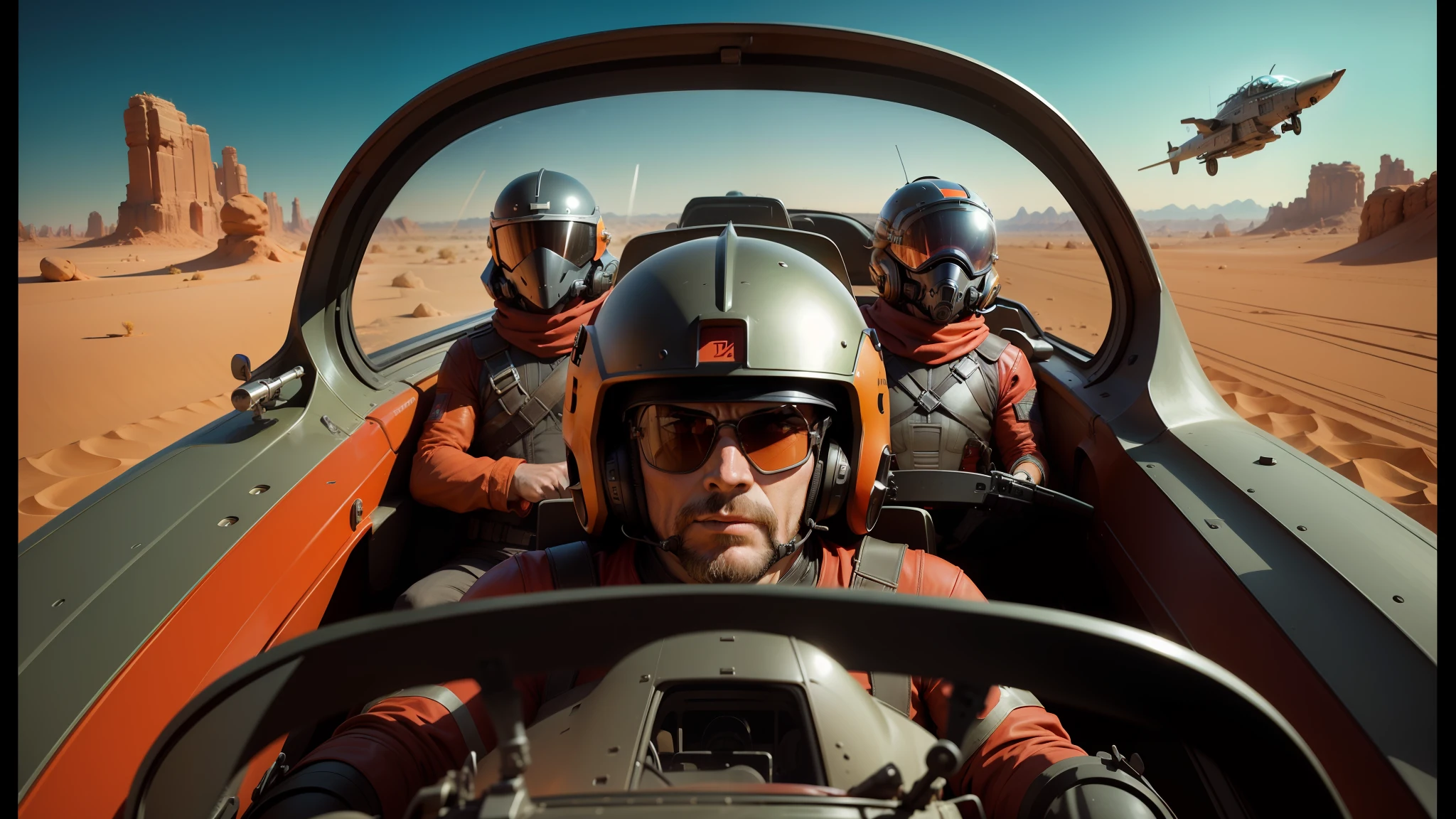 there are three men in a red car driving in the desert, syd mead 3/4 closeup portrait, spherical black helmets, valerian, professional graflex photograph, promotional photograph, winged helmet, alex colville, war boys, amazing color photograph, round-cropped, 2049, lorem ipsum dolor sit amet, krull --ar 16:9 --auto --s2