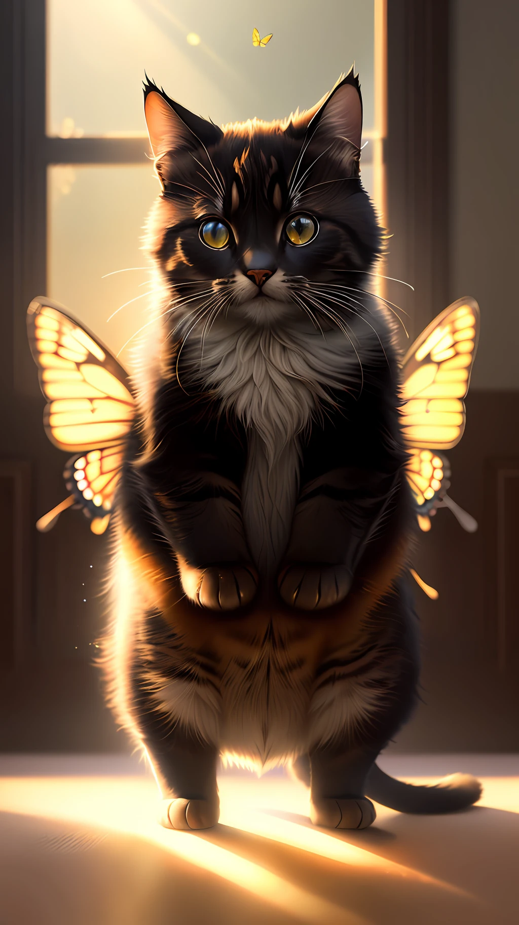(best quality: 1.2), (masterpiece: 1.2), (realistic: 1.2), close-up photo, very cute cat catching a butterfly, soft volumetric lights, (backlight:1.3), (cinematic:1.2), intricate details, masterpiece, plump, cute, black fur, in the room