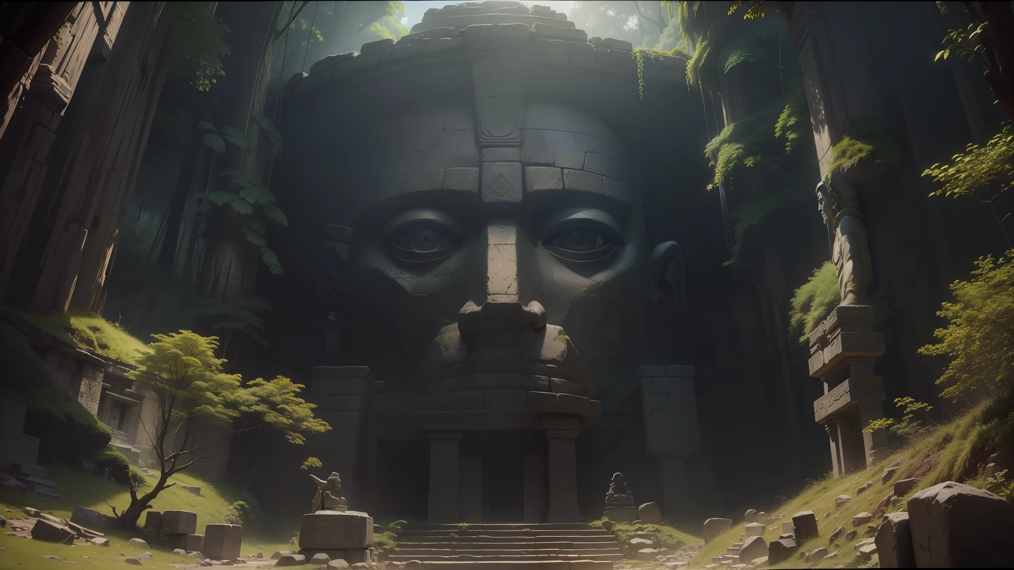 there is a large stone statue of a man in the forest, stone eyes, under the jungles of the outside world, volumetric diffuse shading, Mayan style, still from a music video, by Antonín Slavíček, ruins of an ancient temple, flat matte art, scp -049, psytrance, by Józef Mehoffer, treasure artifact, Andean mountain forest --auto --s2