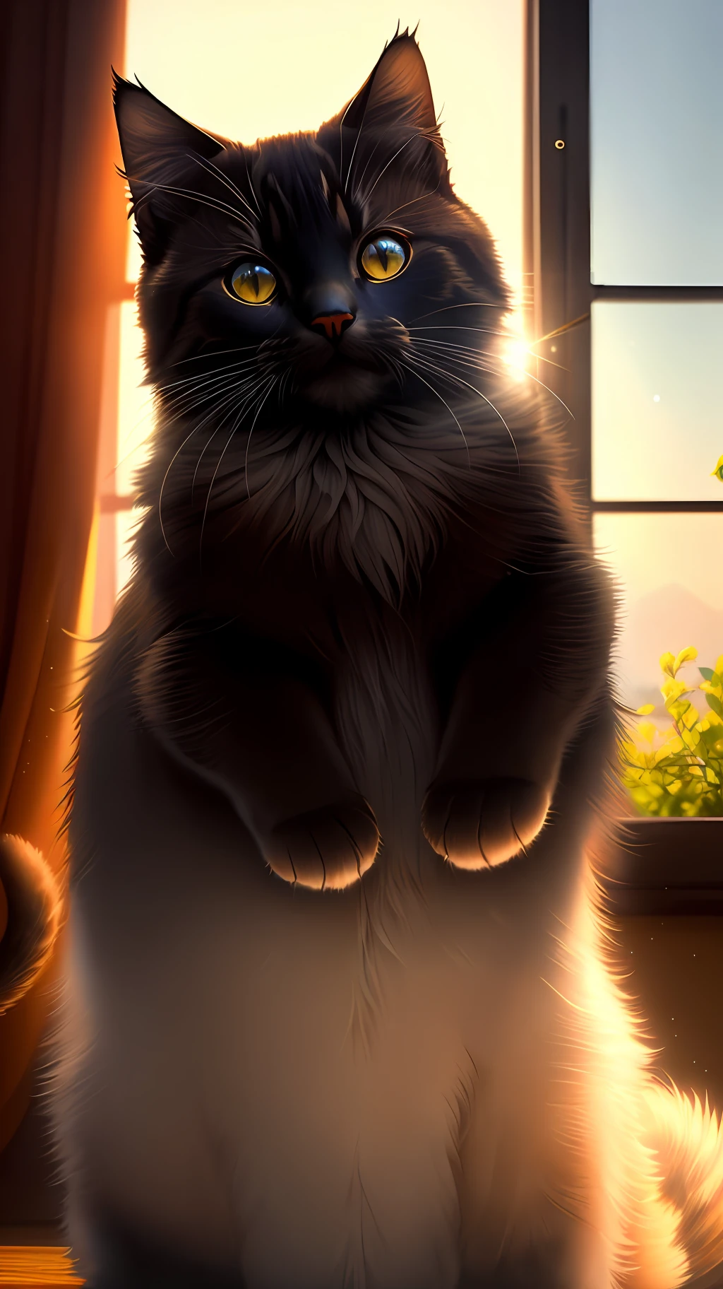 (best quality: 1.2), (masterpiece: 1.2), (realistic: 1.2), close-up photo, very cute cat catching a butterfly, soft volumetric lights, (backlight:1.3), (cinematic:1.2), intricate details, masterpiece, plump, cute, black fur, in the room