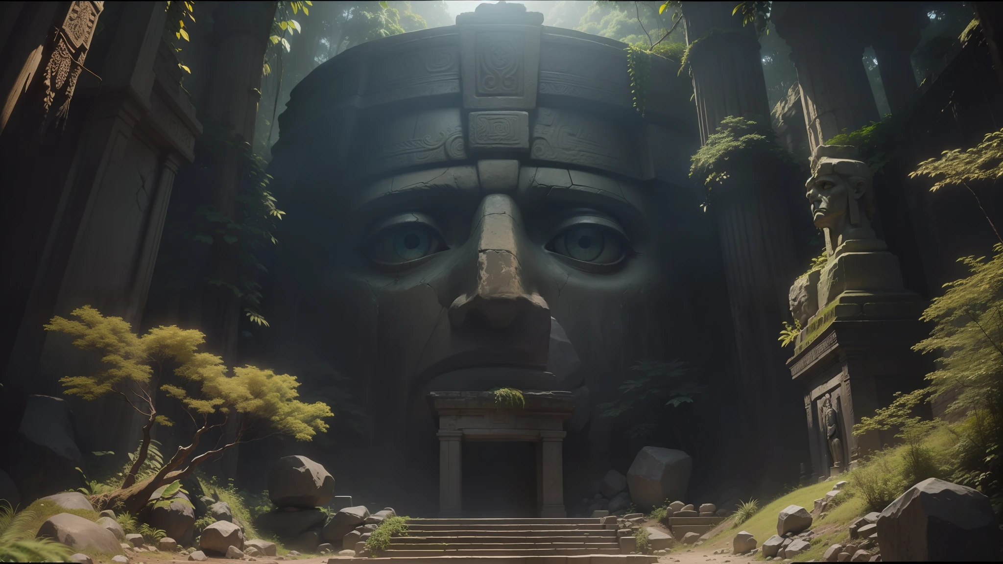 there is a large stone statue of a man in the forest, stone eyes, under the jungles of the outside world, volumetric diffuse shading, Mayan style, still from a music video, by Antonín Slavíček, ruins of an ancient temple, flat matte art, scp -049, psytrance, by Józef Mehoffer, treasure artifact, Andean mountain forest --auto --s2