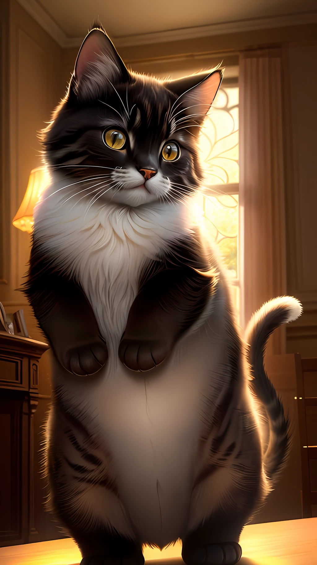 (best quality: 1.2), (masterpiece: 1.2), (realistic: 1.2), close-up photo, very cute cat catching a butterfly, soft volumetric lights, (backlight:1.3), (cinematic:1.2), intricate details, masterpiece, plump, cute, black fur, in the room