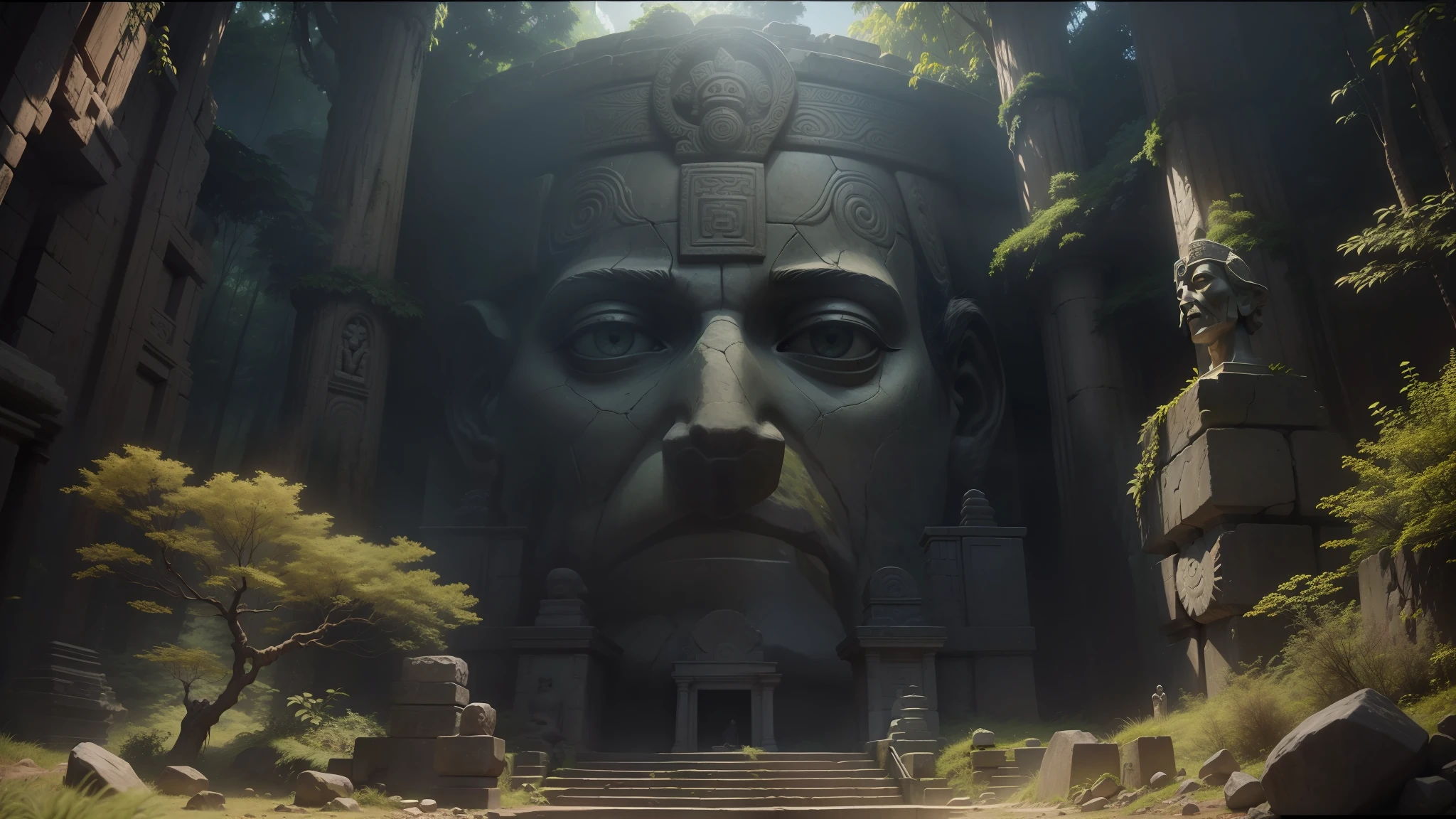 there is a large stone statue of a man in the forest, stone eyes, under the jungles of the outside world, volumetric diffuse shading, Mayan style, still from a music video, by Antonín Slavíček, ruins of an ancient temple, flat matte art, scp -049, psytrance, by Józef Mehoffer, treasure artifact, Andean mountain forest --auto --s2