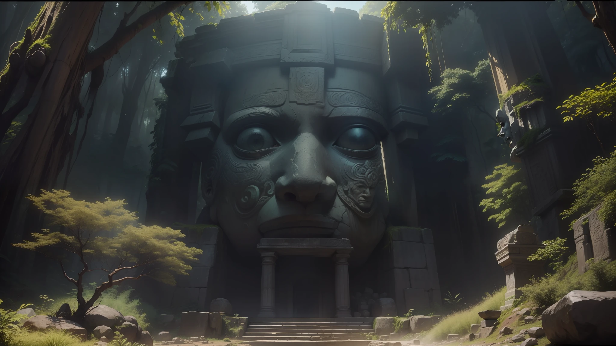 there is a large stone statue of a man in the forest, stone eyes, under the jungles of the outside world, volumetric diffuse shading, Mayan style, still from a music video, by Antonín Slavíček, ruins of an ancient temple, flat matte art, scp -049, psytrance, by Józef Mehoffer, treasure artifact, Andean mountain forest --auto --s2