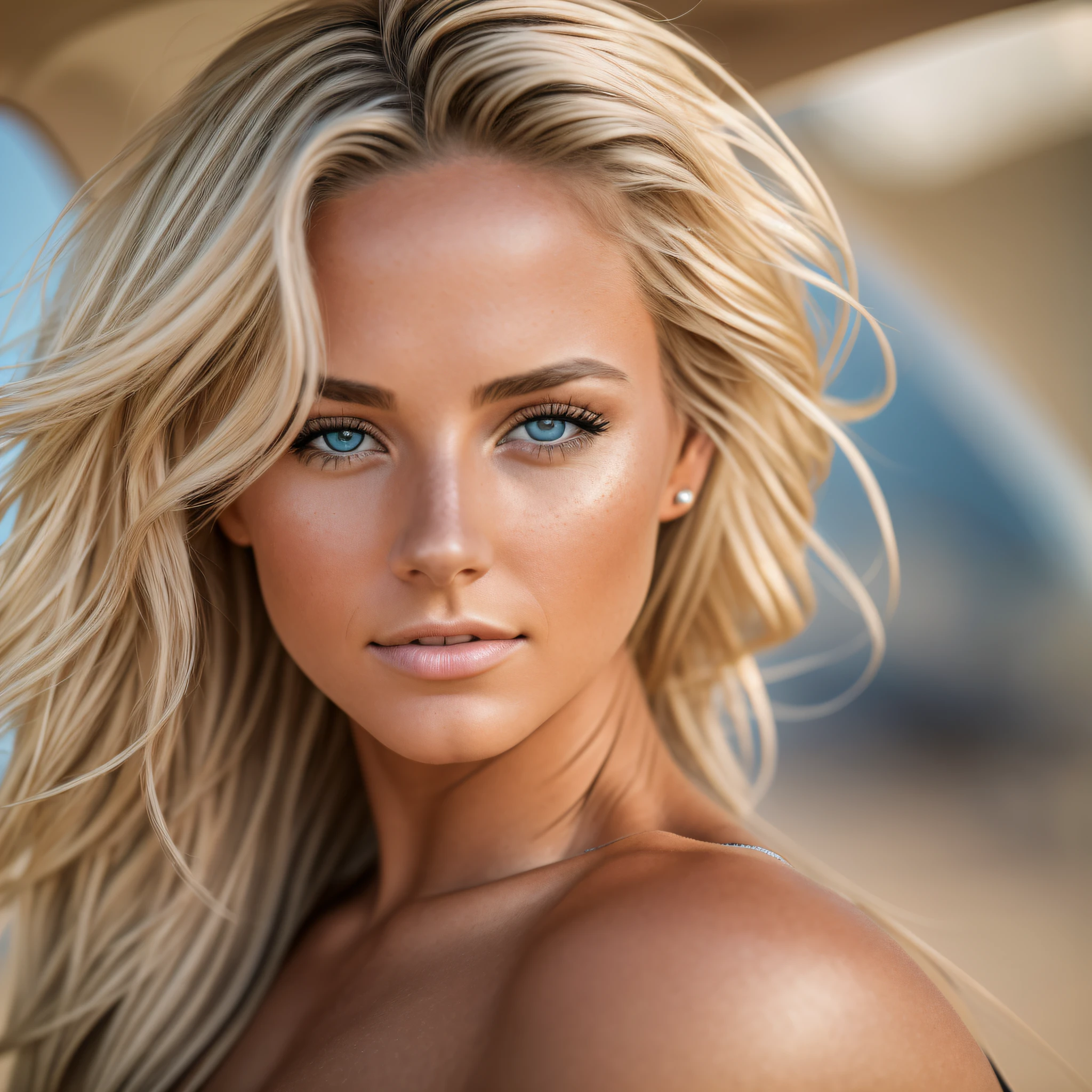 RAW photo, blonde, bikini, photo realistic, (high detailed skin:1.2), 8k uhd, dslr, soft lighting, high quality, film grain, Fujifilm XT3, accurate anatomy, driving in desert in a sports car