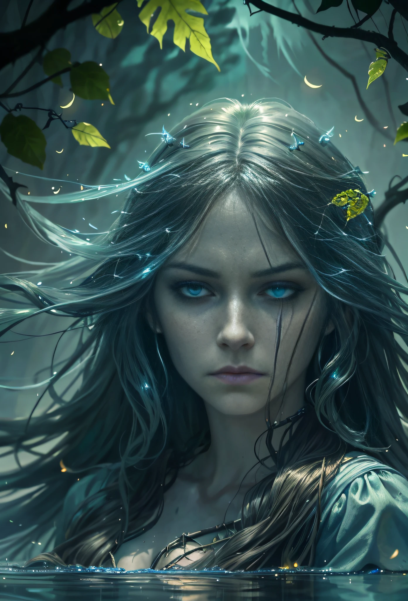 zrpgstyle, from_side from_below beautiful scary woman made of water (sadness expression:1.2) woman with (long water hair:1.2) rising out of the water moss smoke vines churning water fireflies midnight moonlight backlight (masterpiece:1.2) (best quality) (detailed) (intricate) (8k) (HDR) (wallpaper) (cinematic lighting) (sharp focus)