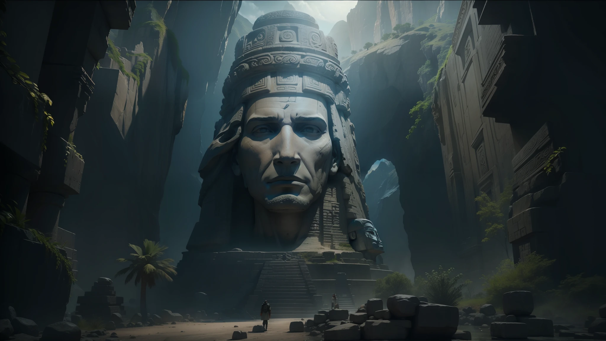 there is a stone statue of a man with a big head in front of a mountain, stone eyes, mayan engine, giant majestic arches, epic 8k, mekka, 4k -, archaeological discovery, 4k ], atlantis the lost empire, soft Inca-themed, sun cathedral, cinematic opening shot, ancient tribe, unreal 3D, the third... had a man's face --auto --s2