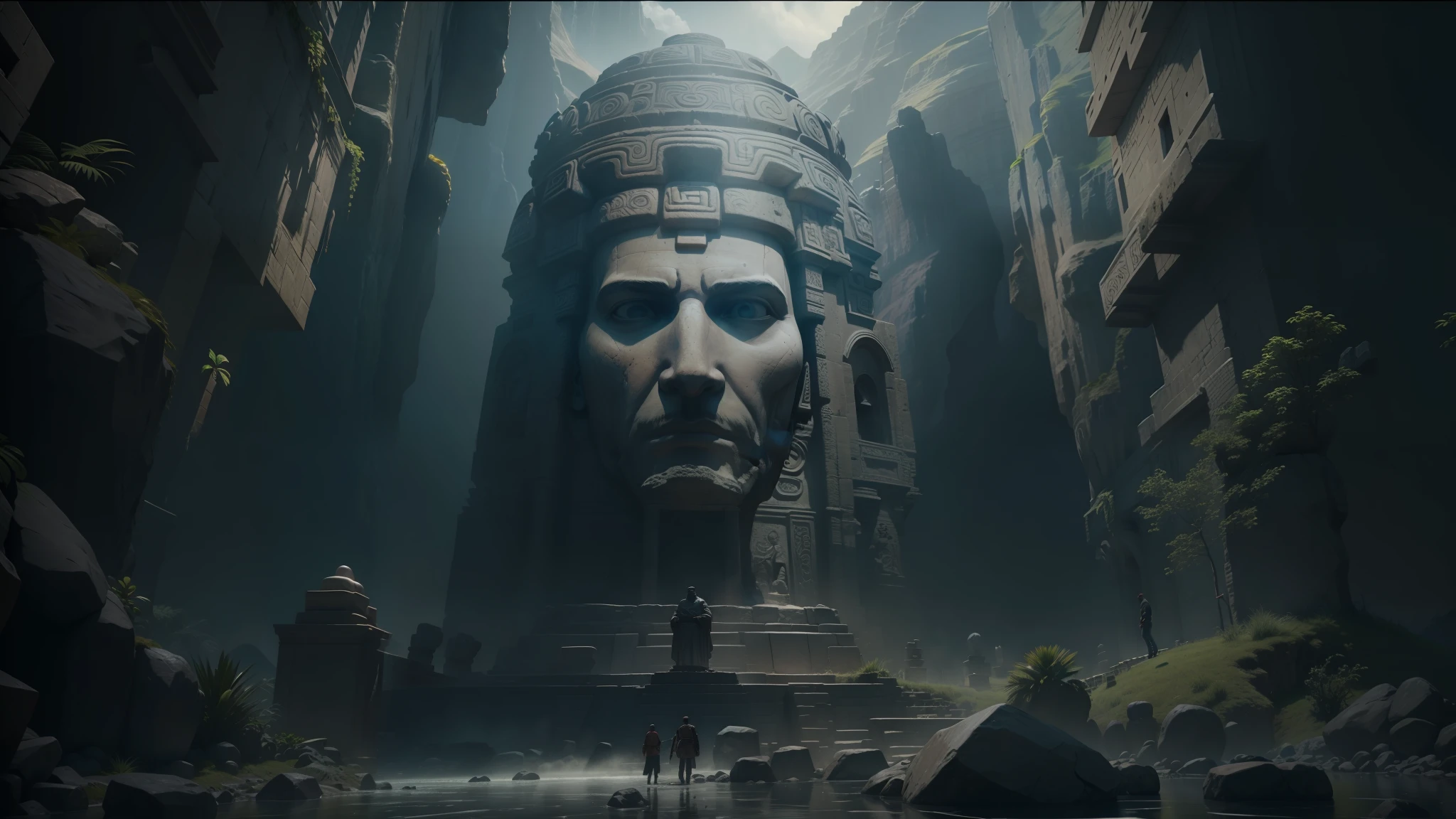 there is a stone statue of a man with a big head in front of a mountain, stone eyes, mayan engine, giant majestic arches, epic 8k, mekka, 4k -, archaeological discovery, 4k ], atlantis the lost empire, soft Inca-themed, sun cathedral, cinematic opening shot, ancient tribe, unreal 3D, the third... had a man's face --auto --s2