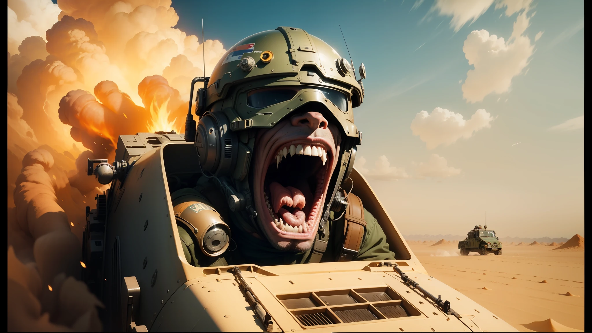there is a man in a tank with a large mouth, trending on cgsociety art, extreme panoramic, cinematic action shot, helmets, mad magazine aesthetic, painted todd lockwood, screaming face, 2 0 1 5 cinematography, desert!!!, [ metal ], pilot, telegram sticker, still image from the movie, skydsgaard, james gurney brom, epic action shot --ar 16:9 --auto --s2