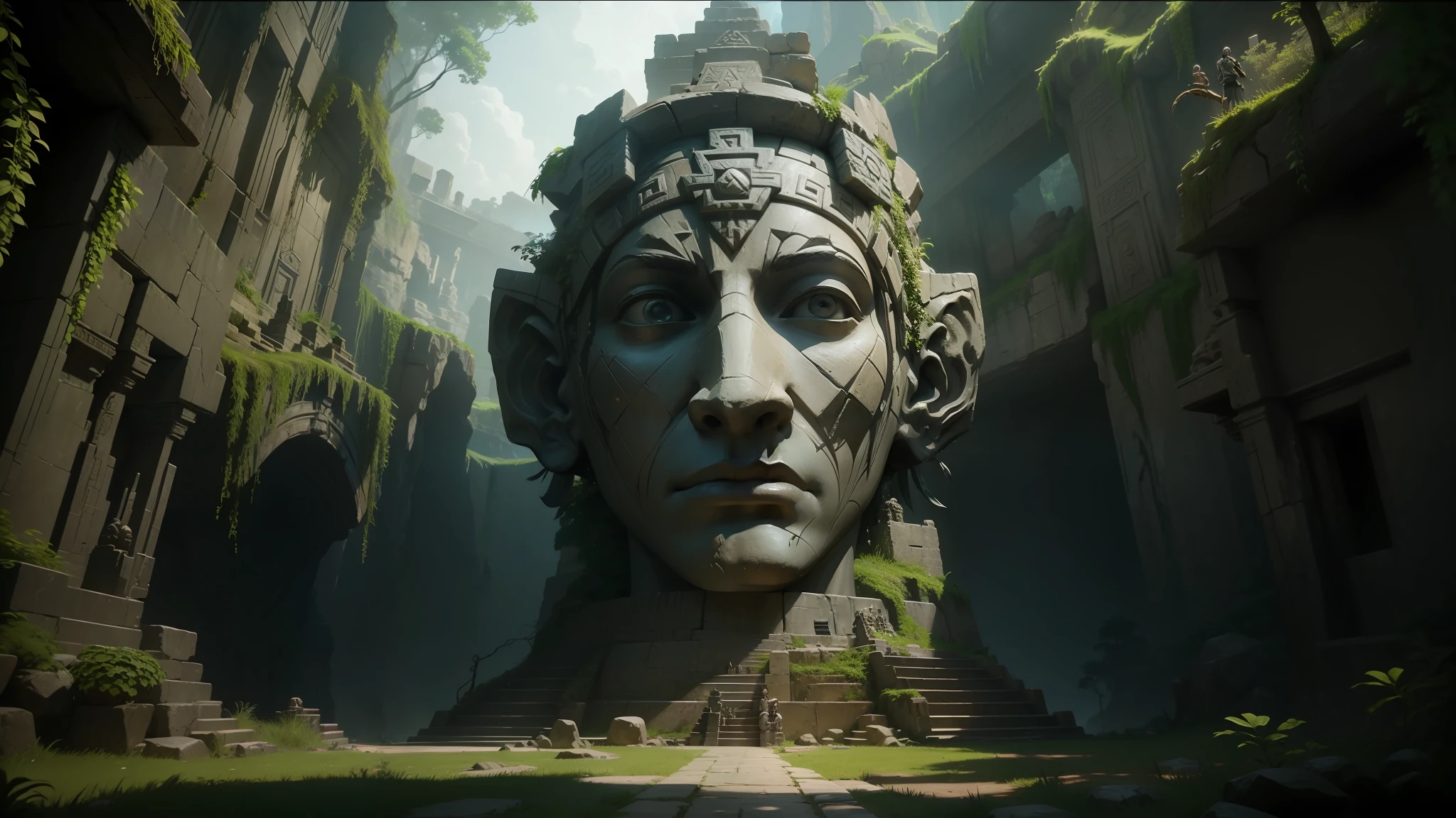 arafed statue in a narrow gorge with a stone face, stone eyes, screenshot from Kingdom Hearts 3, movie image of Aztec cyborg, unreal engine: .2, pyramid surrounded by vegetation, the gates of heaven, in the style of Croods movie, face shown, futuristic ruins --auto --s2