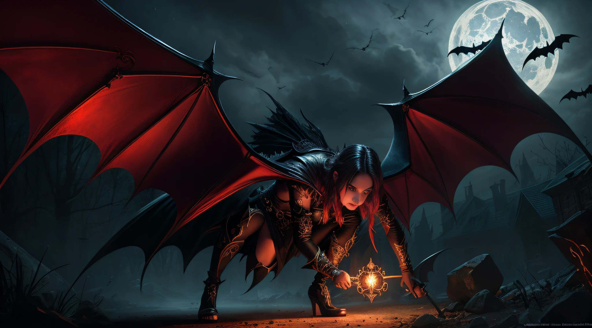 Fine, (Best Illustration), 8k Resolution, Intricate Details, Best Quality, Realistic, Ultra Detailed, Best Lighting, Best Shadows, Ultra HD, A Necromancer, Night, Magic, Dark Style, Vampire, Bat wings, red glowing eyes