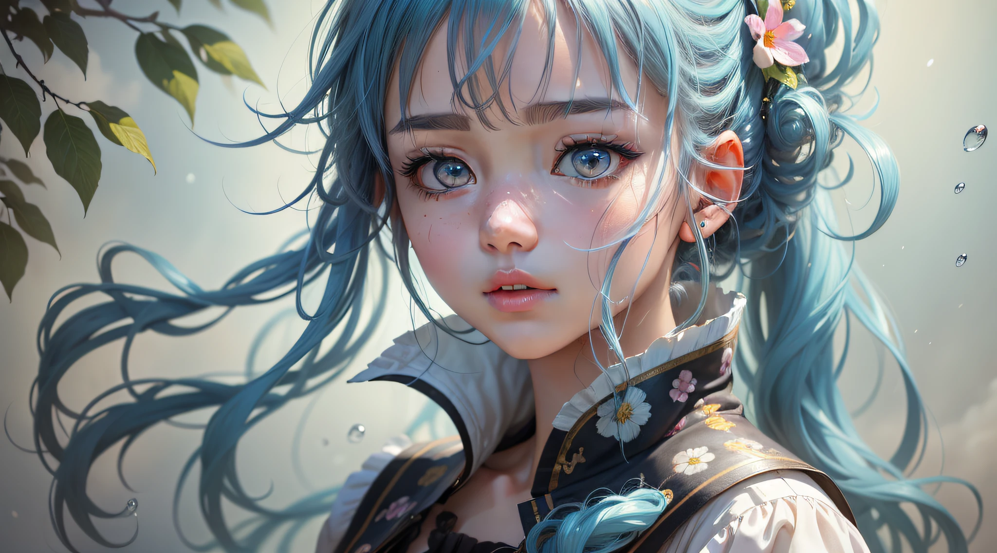 (masterpiece), (best quality), (ultra detailed),(disheveled hair),(illustration), (1girl), (Fashionable clothing), standing, Fashion model, looking at viewer, (interview), (simple background),beautiful detailed eyes, delicate beautiful face, Floating,(high saturation),(colorful splashes),colorful bubble,(shining), focus on face, ponytail, kamisato ayaka, light blue hair, bangs, hair ring, floating flowers, floating hairs, (shining), best lighting, best shadow,