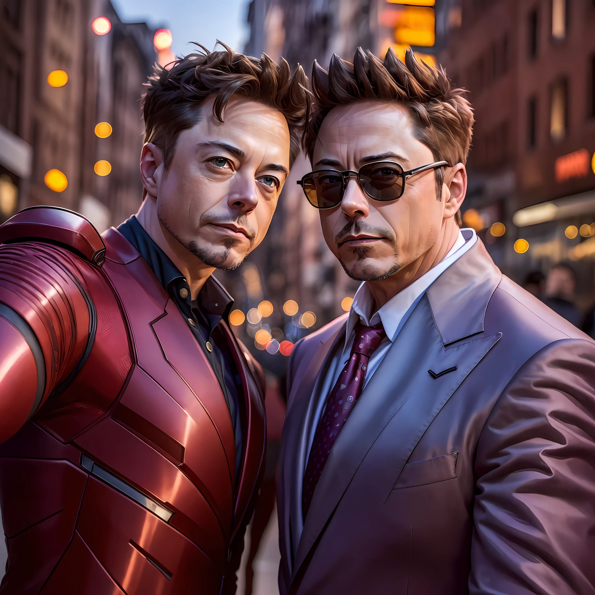 ((2 men)),selfie photo of elon musk with Robert Downey Jr in Soho New York, wearing Giorgio Armani suit, sunset,4k. --auto --s2