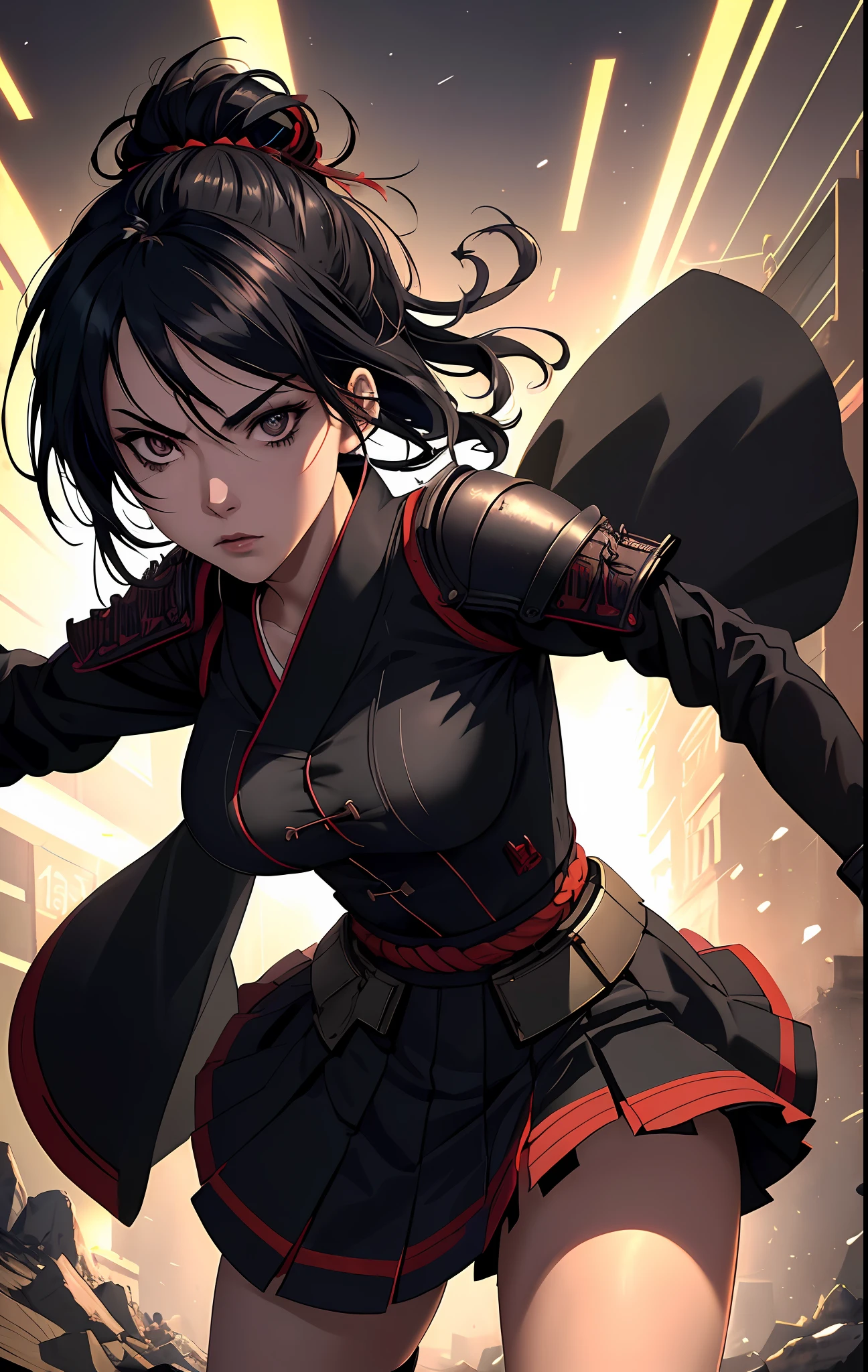 ((((dramatic))), (((gritty))), (((intense))),anime character,1girl,solo,dark black hair,tied up hairstyle, wearing gloves,wearing samurai armour,wearing a skirt, modern art,hair covering eye's, forest, beautiful face, beautiful eye's, vibrant colors, night, highest quality digital art, Stunning art, wallpaper 4k,8k,64k, HD, unparalleled masterpiece, dynamic lighting, cinematic, epic