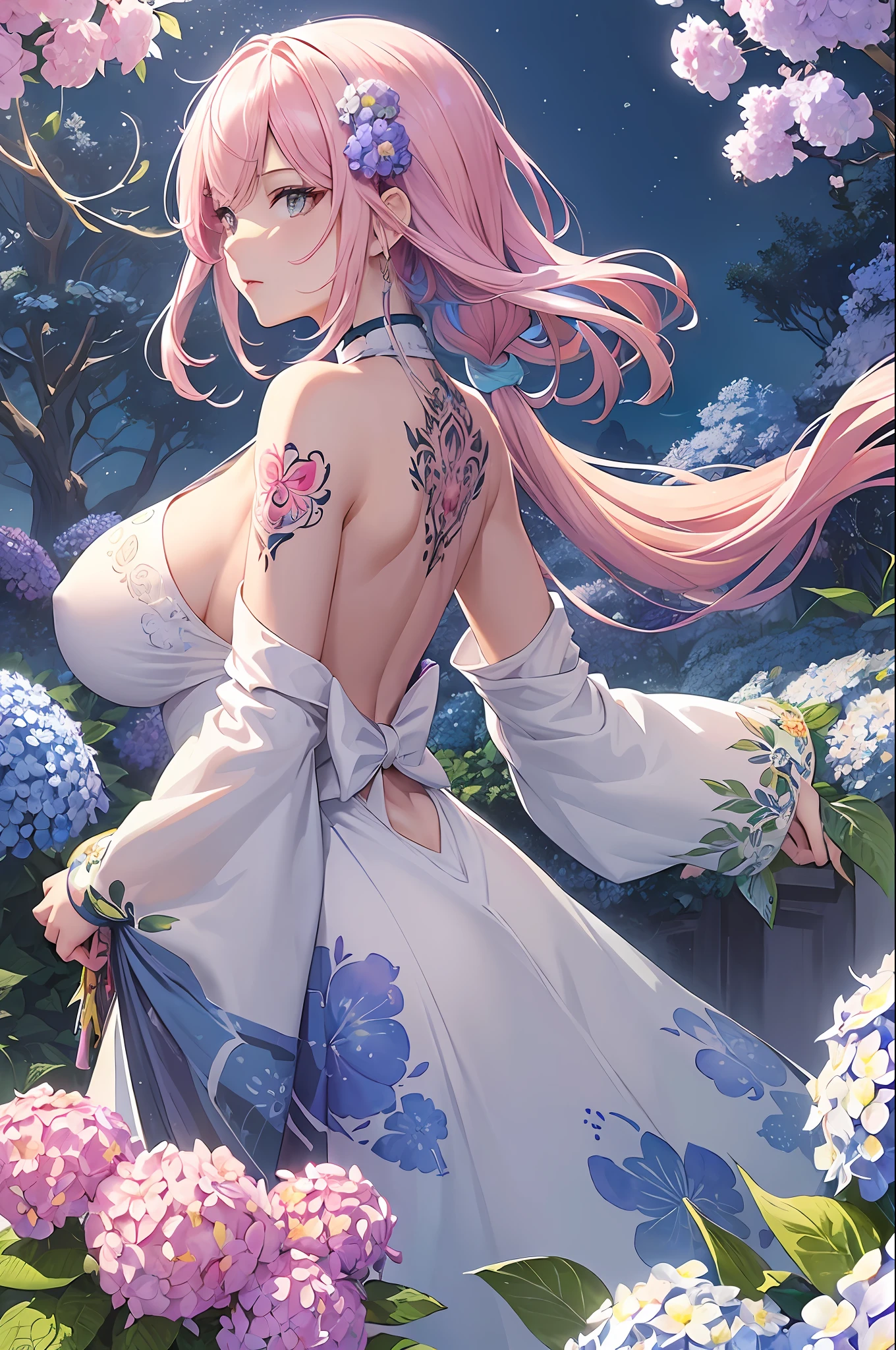 (masterpiece, top quality, best quality, watercolor (medium), official art, beautiful and aesthetic:1.2), (1girl:1.3), (fractal art:1.3), upper body, from back, back viewing, patterns, (rainbow color Hair, colorful hair, half sky blue and half light pink hair:1.2), white long dress, halter neck clothes, wind, water, liquid, cloud, colorful, starry, stars, floating hairs, (huge-tattoo at her back, flower pattern, tattoo:1.3), seductive, attractive, classy, fantastic, fashion, seductive posing, hydrangea flower, floating hydrangea flower, perfect anatomy, Japanese anime style, concept art by Kyoto animation, storm, splash,