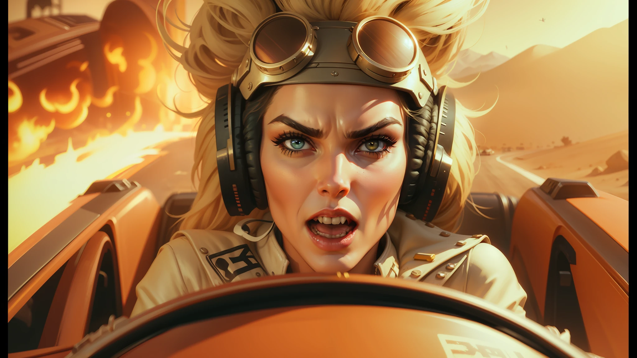 there is a woman with headphones on driving a car, muppets in mad max, behance. polished, caracal, bombshell, jessica nigri, girl screamin yolo - aesthetic, panavision x iii, inspired by Greg Hildebrandt, alessandra ambrosio, riot entertainment, planeswalker --ar 16:9 --auto --s2