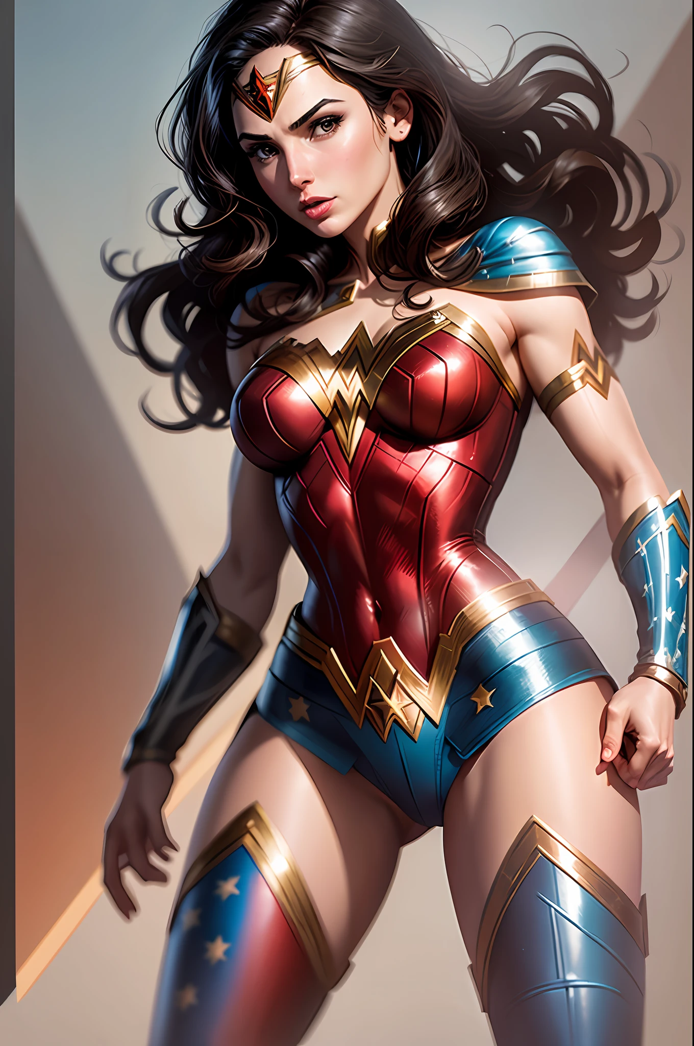 Wonder woman Gal Gadot concept art in Bruce Timm Justice League animation style with realistic uniform texture, concept art, --auto --s2