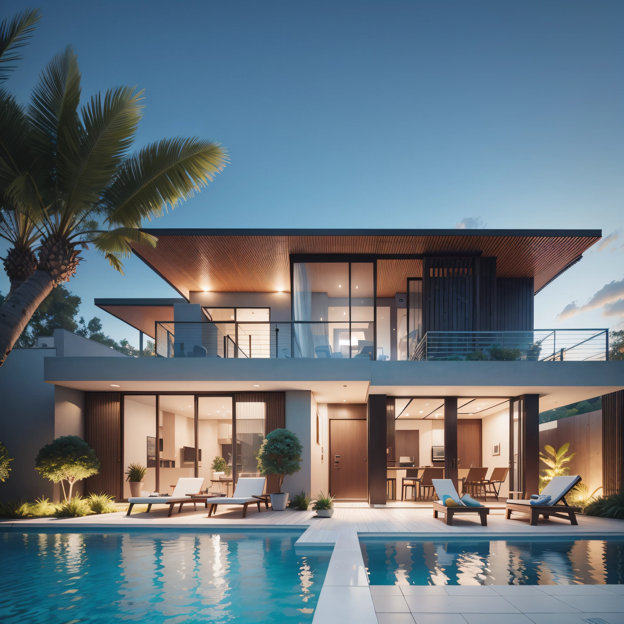 There is a pool in the middle of a backyard with a patio and sun loungers, a 2-story house, modern, modern style, 3 palm trees, araucarias, high quality rendering, architectural rendering, sunset view, architectural 3D rendering, Lumi rendering, professional rendering, architectural rendering, architectural rendering, photorealistic rendering, 3D rendering, 3D rendering, CG rendering, architectural visualization, award-winning rendering,  architecture rendering --auto --s2