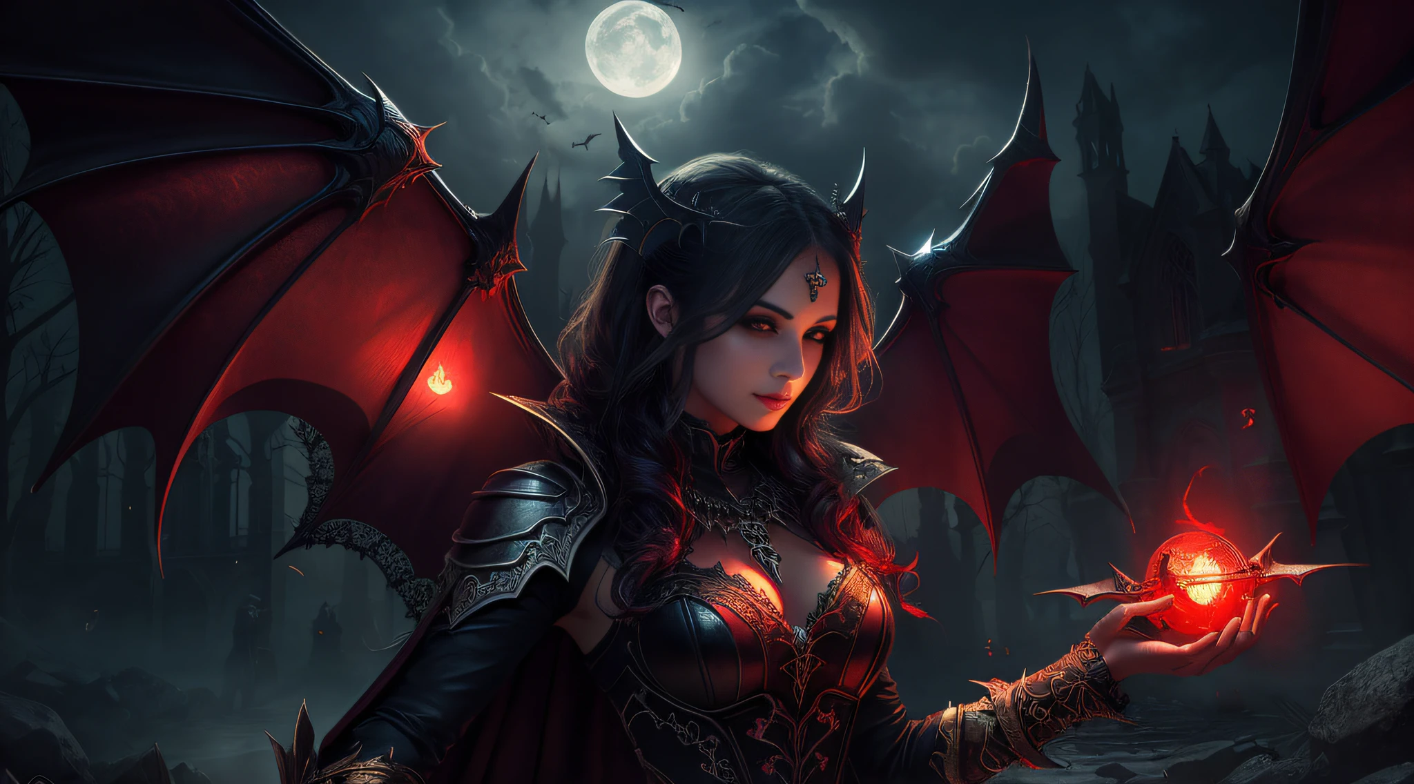 Fine, (Best Illustration), 8k Resolution, Intricate Details, Best Quality, Realistic, Ultra Detailed, Best Lighting, Best Shadows, Ultra HD, A Necromancer, Night, Magic, Dark Style, Vampire, Bat wings, red glowing eyes
