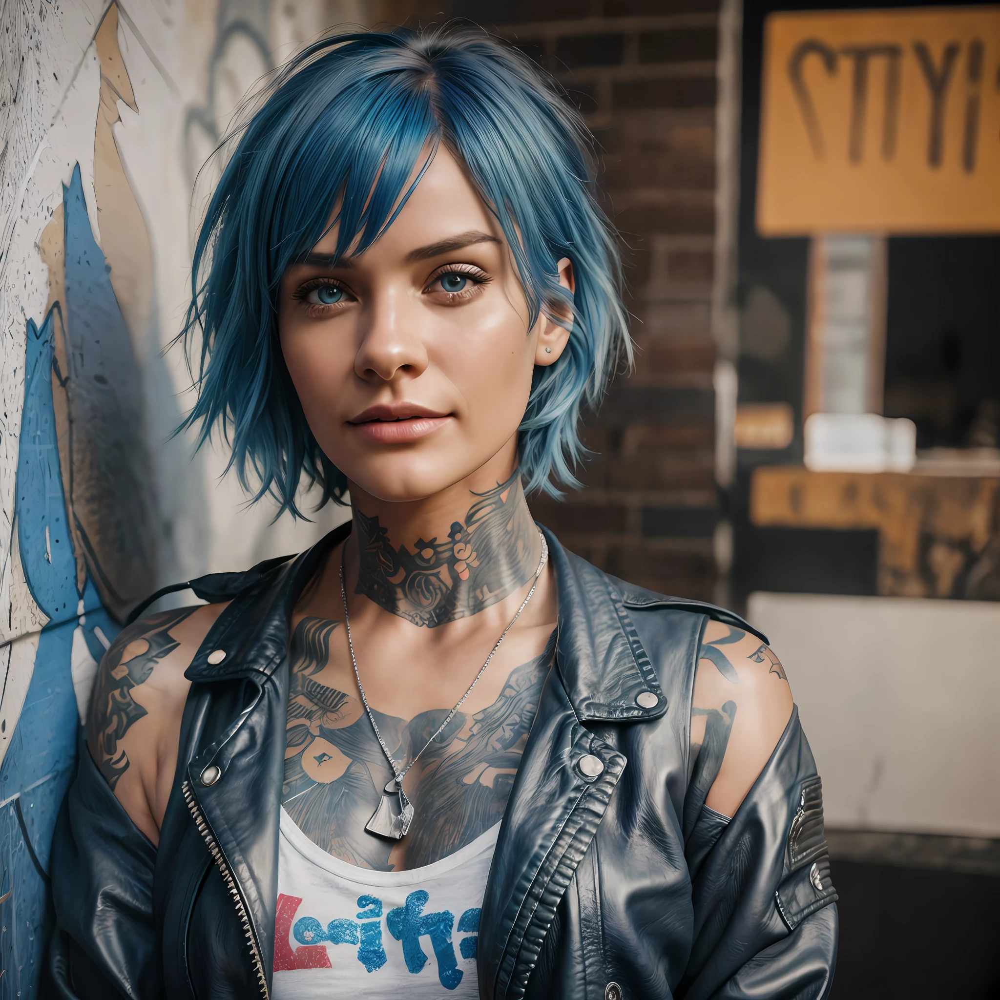 (best quality, masterpiece, realistic, detailed), 8k CG, perfect artwork,blue hair, messy Bob haircut, brown eye, little angel tattoo on left front shoulder,ectemorph body type, small breasts, medium butt, dressed, casual wear, face with smile, colorful graffiti in front of the wall,leather jacket, skin white, full body, white crop, blue hair, 1 girl, very detailed, dramatic lighting, digital art trends on Artstation 8k HD detailed realistic, detailed, skin texture, super detailed, realistic skin texture, armature, best quality, super high res, (fidelity: 1.4), high resolution, detailed, raw photo, sharp re, by lee jeffries nikon d850 film stock photograph 4 kodak portra 400 camera f1.6 lens rich colors hyper realistic lifelike texture dramatic lighting unrealengine trending on artstation cinestill 800 ,