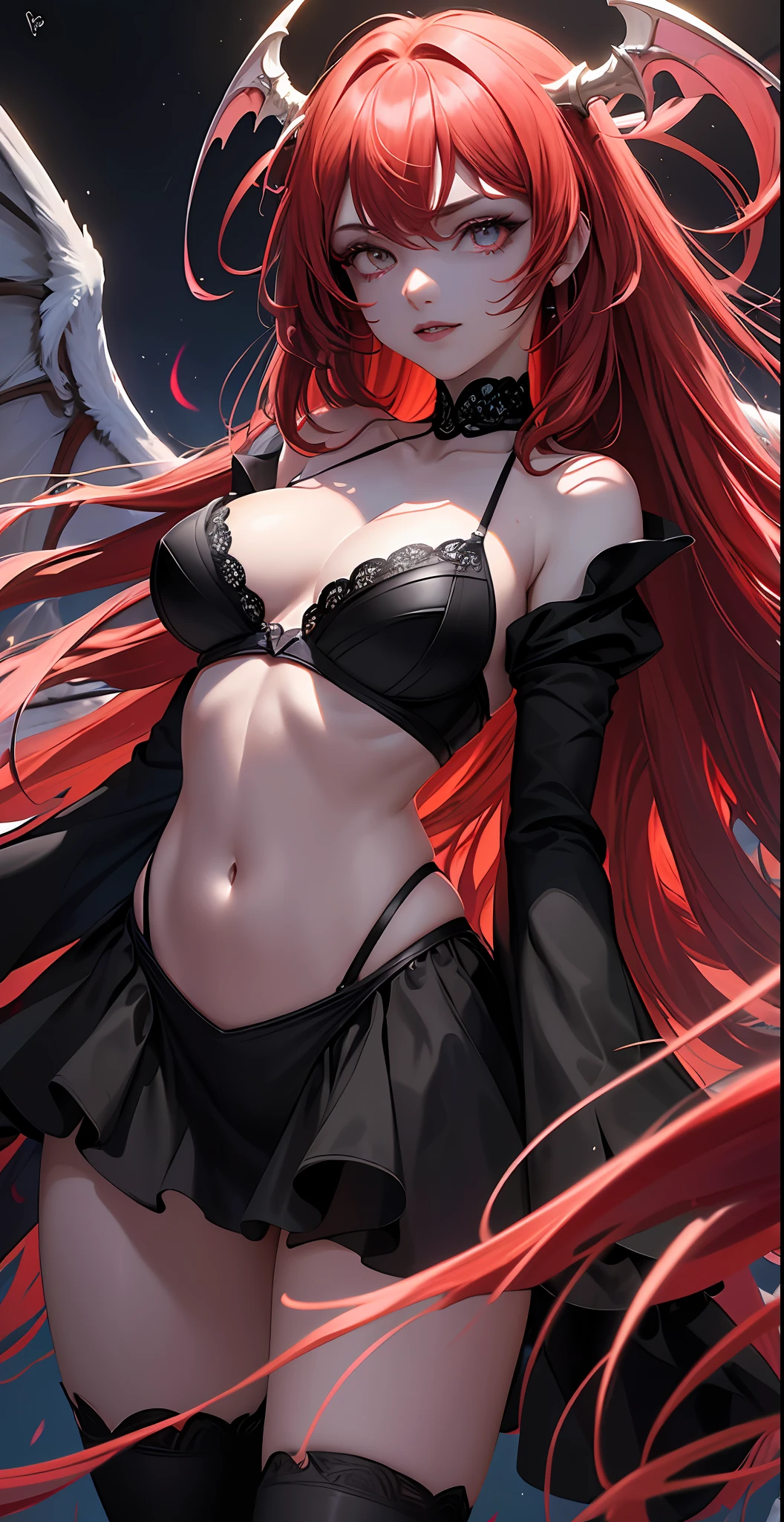 (masterpiece),(best quality),(succubus),(red eyes),(black wings),(black hair, messy),(lingerie),(dynamic and alluring pose),(smirking expression),(dark and gothic background), (volumetric light),(floating),(masterpiece), stunningly surreal, abstract imagination, dynamic movement, digital art, otherworldly, a burst of color, explosive energy, chaotic beauty, (1 figure - ambiguous gender), (hair flowing:1.2, hair glowing, red hair), (body distorted:1.5, body fragmented), (face obscured:1.2, half hidden), (background: broken, shattered, fractured), (light: flickering, pulsating, radiating)close-up, big eyes, eyes, complex eyes, unique pupils, unusual pupils,starry sky, stars in the background, shining halo,((ultra detail retina:1.5)),embarassed, (midriff),((ultra detail eyes:1.5)),((extremely detailed CG unity 8k wallpaper,masterpiece, best quality)), ((ultra-detailed:1.5)),(best illumination, best shadow, an extremely delicate and beautiful),(extremely detailed CG unity 8k wallpaper,masterpiece, best quality, ultra-detailed),(best illumination, best shadow, an extremely delicate and beautiful),(perfect body: 1.2)