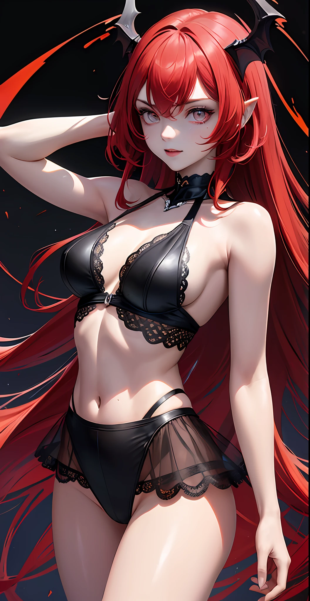 (masterpiece),(best quality),(succubus),(red eyes),(black wings),(black hair, messy),(lingerie),(dynamic and alluring pose),(smirking expression),(dark and gothic background), (volumetric light),(floating),(masterpiece), stunningly surreal, abstract imagination, dynamic movement, digital art, otherworldly, a burst of color, explosive energy, chaotic beauty, (1 figure - ambiguous gender), (hair flowing:1.2, hair glowing, red hair), (body distorted:1.5, body fragmented), (face obscured:1.2, half hidden), (background: broken, shattered, fractured), (light: flickering, pulsating, radiating)close-up, big eyes, eyes, complex eyes, unique pupils, unusual pupils,starry sky, stars in the background, shining halo,((ultra detail retina:1.5)),embarassed, (midriff),((ultra detail eyes:1.5)),((extremely detailed CG unity 8k wallpaper,masterpiece, best quality)), ((ultra-detailed:1.5)),(best illumination, best shadow, an extremely delicate and beautiful),(extremely detailed CG unity 8k wallpaper,masterpiece, best quality, ultra-detailed),(best illumination, best shadow, an extremely delicate and beautiful),(perfect body: 1.2)