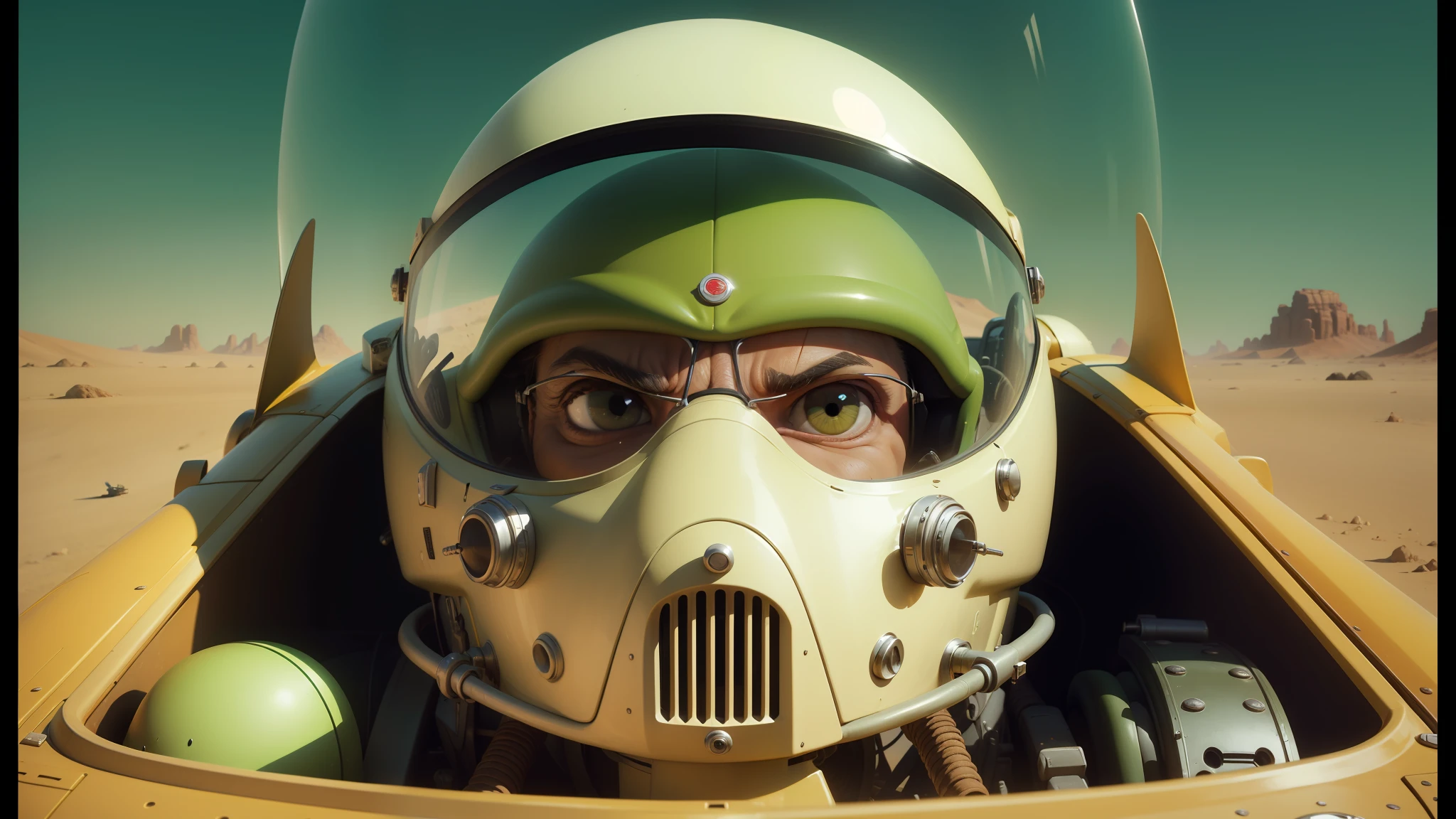 there is a man in a helmet and glasses in a racing vehicle, ralph mcquarrie style, CG, medium portrait of a goblin, soft airbrushed art, sonic boom, vfx film closeup, thin grunting face, by Enrique Tábara, ratfink, interceptor elegant profile, trooper, lodoss, anamorphic widescreen --ar 16:9 --auto --s2