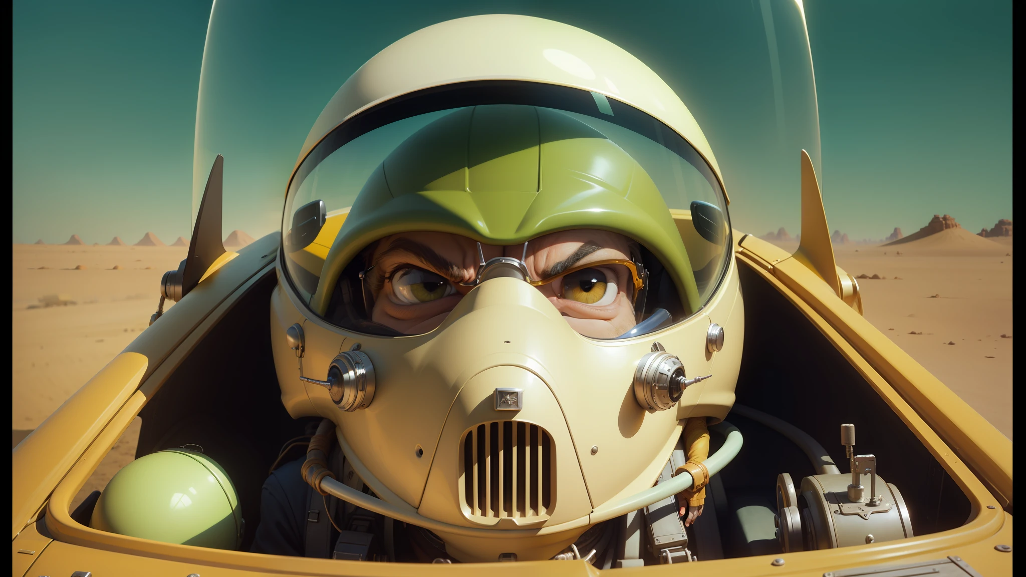 there is a man in a helmet and glasses in a racing vehicle, ralph mcquarrie style, CG, medium portrait of a goblin, soft airbrushed art, sonic boom, vfx film closeup, thin grunting face, by Enrique Tábara, ratfink, interceptor elegant profile, trooper, lodoss, anamorphic widescreen --ar 16:9 --auto --s2