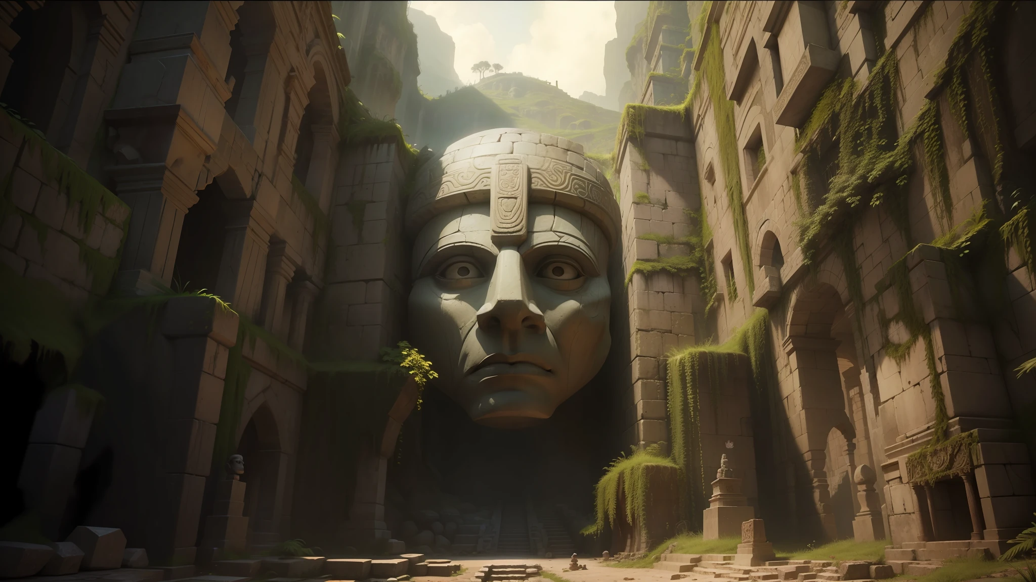 there is a statue in the middle of a narrow gorge, stone eyes, unreal maya, movie promo image, overgrown secret temple, inspired by Jacques Blanchard, game screenshot, tribal mask, 3dcg, cartoon still, by Antonín Slavíček, fallen columns, turkey, mecca, aspect ratio 16:9 --auto --s2