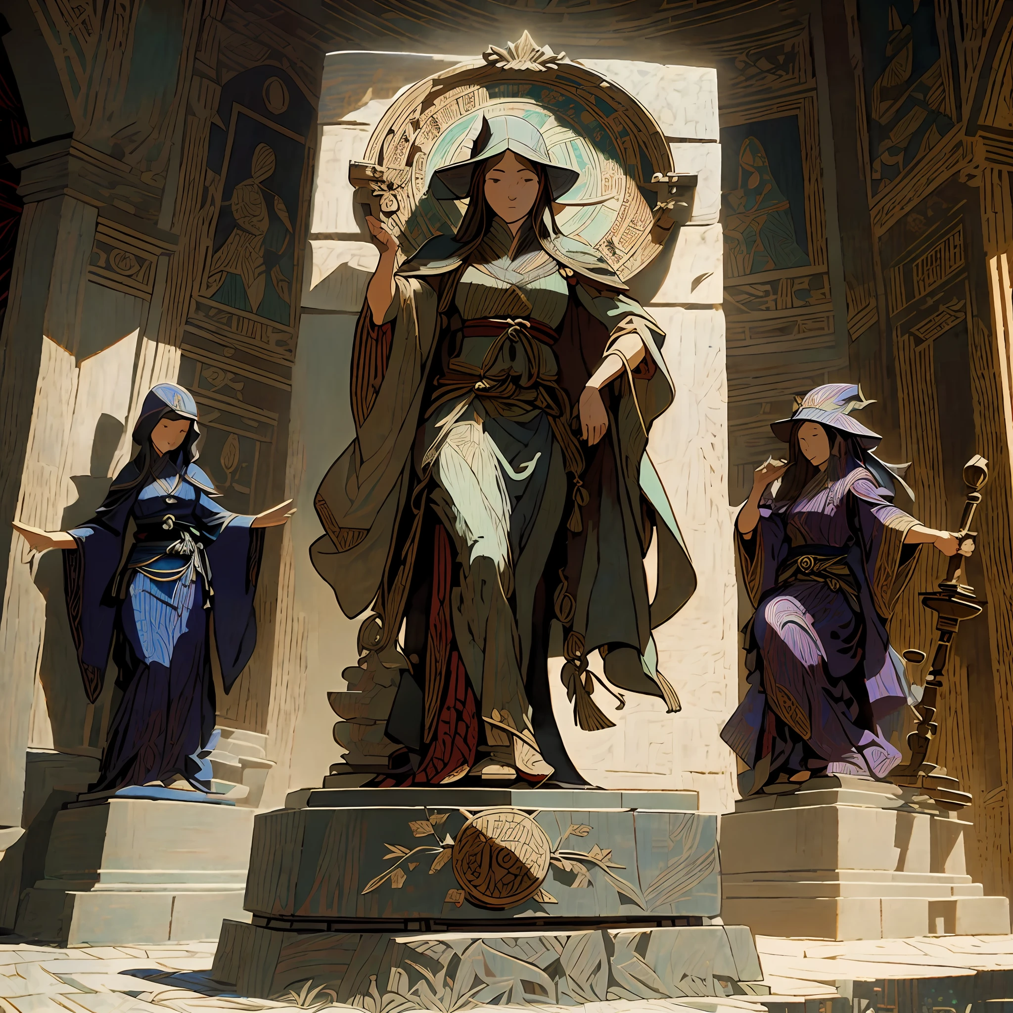 three ancient (witches:1.2) statues, (metallic:1.1) statues, old tapestry, (ancient woodcut:1.2) style, albrecht durer style, fyodor pavlov style, highly detailed, most detail, fine line illustration, (old paper texture:1.1), faded color, muted colors Decorative panels, abstract artistic, by (Alphonse Mucha:1.2) (Masterpiece, Best Quality, Highres:1.4), Detailed, Intricate Details, 4K, color splashes, line art, fibonacci, poster art, lineart, ancient tapestry, art of Hokusai, (Katsushika Hokusai:1.4), (woodcut:1.7)