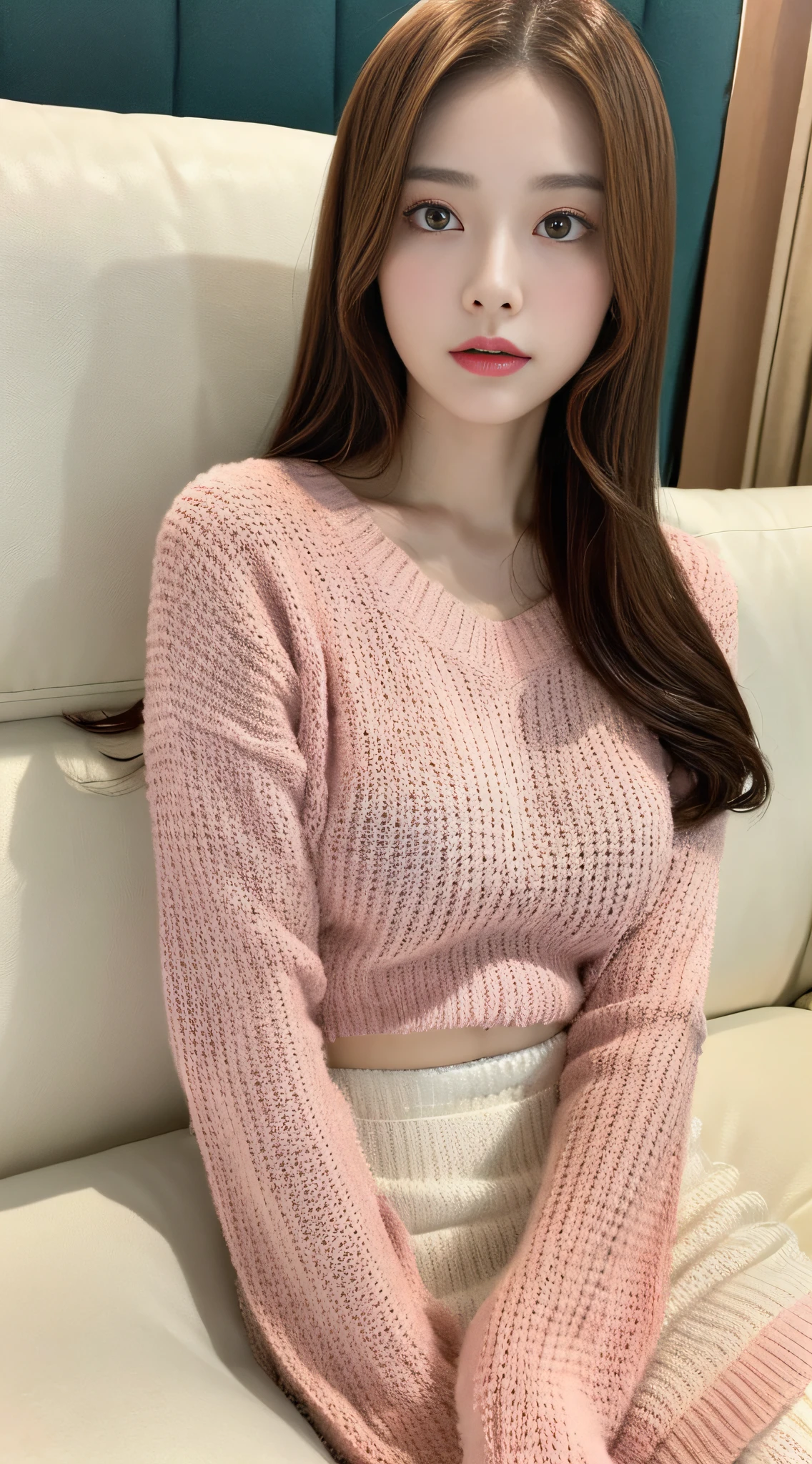 Cinematic photo, beauty 1 person: 1.2, pale pink sweater, long brown hair, super detailed face, sitting on white sofa, background: sea resort