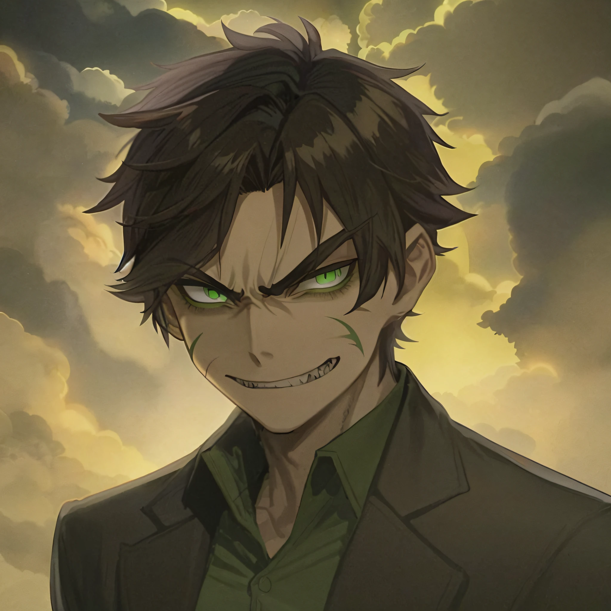 anime character with green eyes and a green shirt, portrait of eren yeager, inspired by Okumura Masanobu, evil smile, by Kamisaka Sekka, eren yeager, makoto shinka, he is very menacing and evil, fukaya yuichiro, kentaro miura manga art style, tsurumaki kazuya, detailed smile, pointy teeth