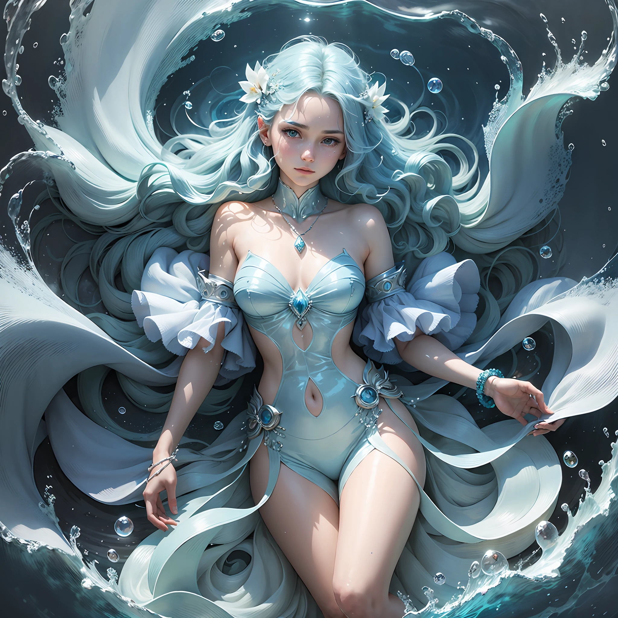 Aurora, the Water Elemental:
Features: Aurora is a graceful young woman with wavy blue hair that glows like the surface of the ocean. Their skin is pale and has a subtle glow, like drops of water. She wears flowing and slightly transparent clothing, reminiscent of the waves of the sea.
Powers and abilities: Aurora has the power to manipulate water, controlling rivers, lakes and oceans. She can create water spheres, form protective shields, and heal wounds with her aquatic healing abilities. His presence conveys calm and serenity.
Height: 1,70m
Physical constitution: Elegant and slender
Eyes: Light blue, bright as crystal clear water
Clothing: Light and fluid clothing in shades of blue and silver
Accessories: Bracelets and necklaces with pendants in the shape of shells and water drops --auto --s2