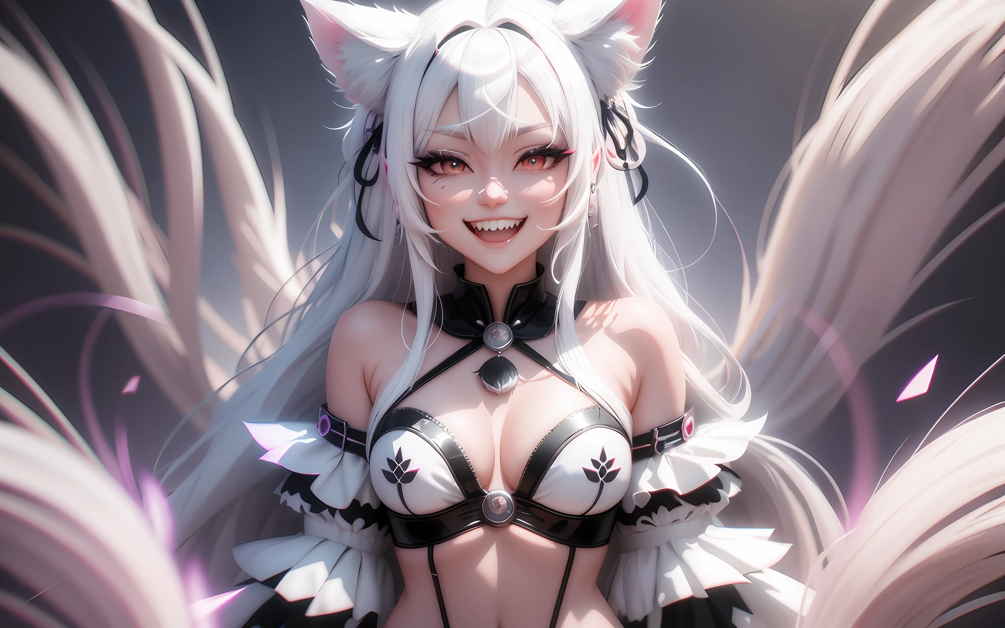 solid circle eyes, fake animal ears, light smile, ear blush, fang, white hair, longhair, longeyelashes, drop shadow, anaglyph, stereogram, tachi-e, atmospheric perspective, chibari, full body, 8k, super detail, ccurate, best quality