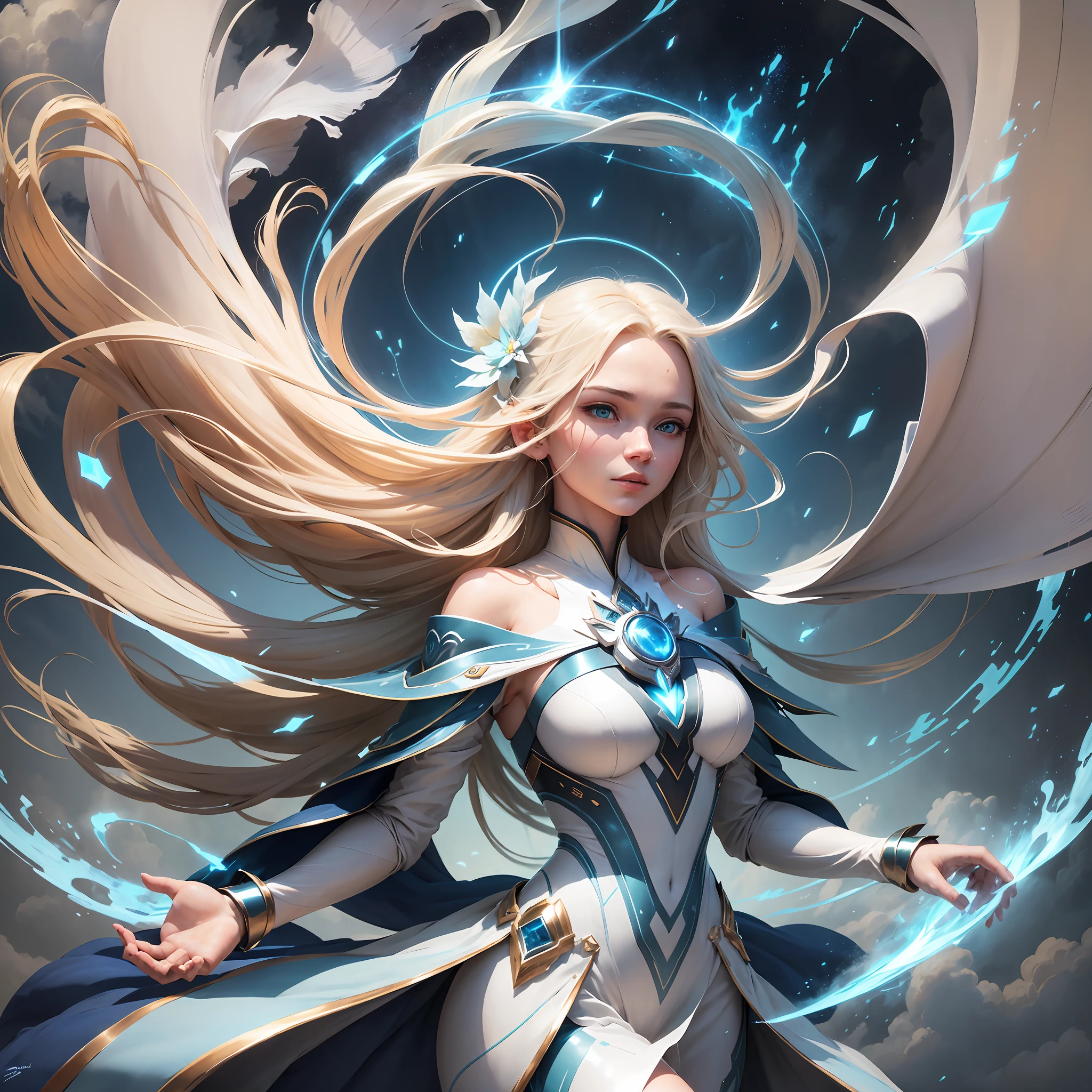 Zephyr, the Air Elemental:
Characteristics: Zephyr is an ethereal woman with blonde hair that floats in the wind like clouds. Her skin is clear and translucent, and she wears light, flowing clothes as if they were made of gentle breezes. His eyes glow with the color of the sky.
Powers and abilities: Zephyr has mastery over the air and winds. It can manipulate air currents, create powerful gusts, and even fly. Zephyr also possesses the ability to calm storms and control the weather, bringing harmony and balance to the environment. --auto --s2
