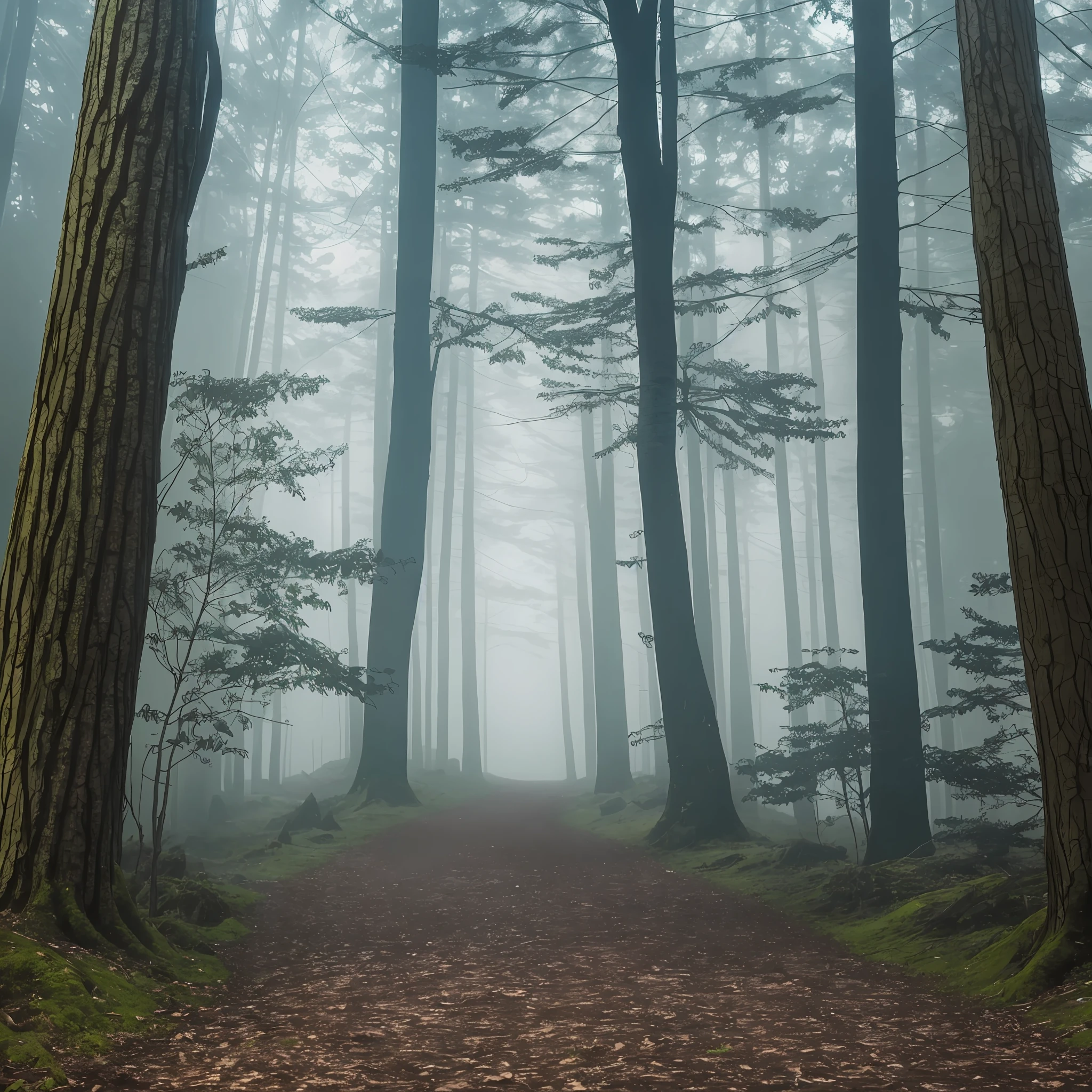 Create a dark, foggy, dark path in the forest where the scenery looks scary --auto --s2