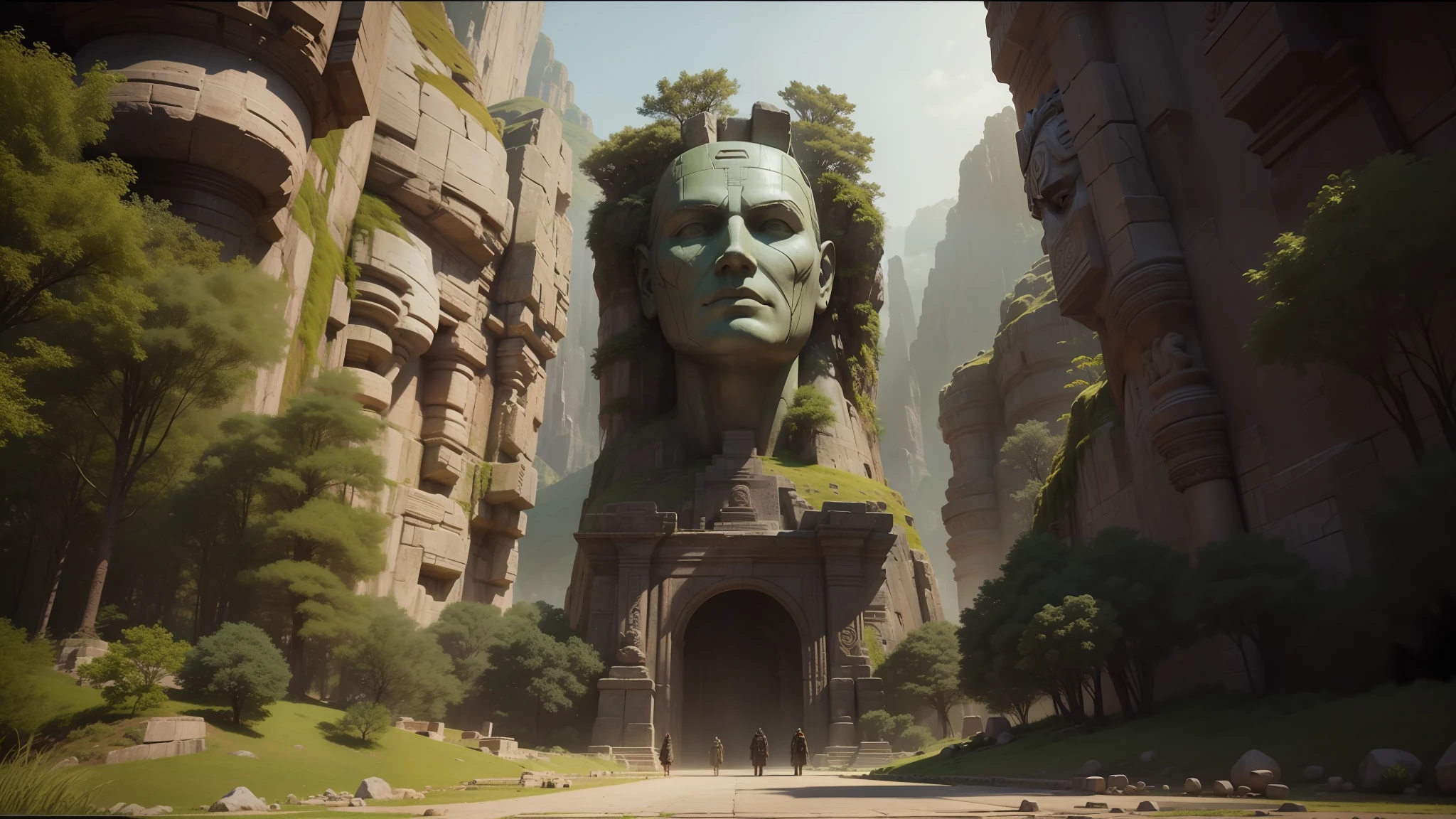 there is a large stone statue in the middle of a forest, stone eyes, movie still from 'thor', neo-andean architecture, face centered, playstation 2 screenshot, concept image, by Jung Park, the lost city of atlantis , face shown, google street view, 3 dmax, psytrance --auto --s2